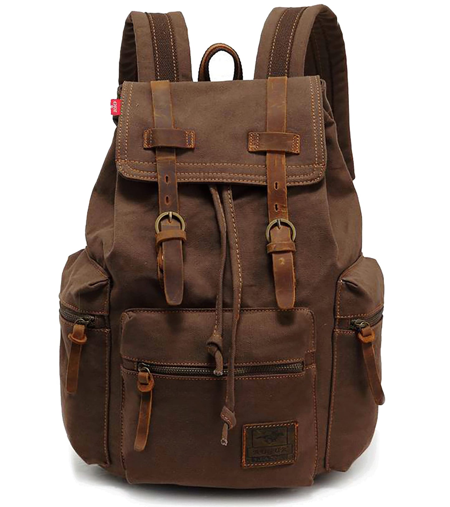 HuaChen Vintage Canvas Travel Backpack with Leather Trim, Laptop Padded Sleeve, Hidden Back Security Pocket, Fits 15-Inch, M32 Coffee Large