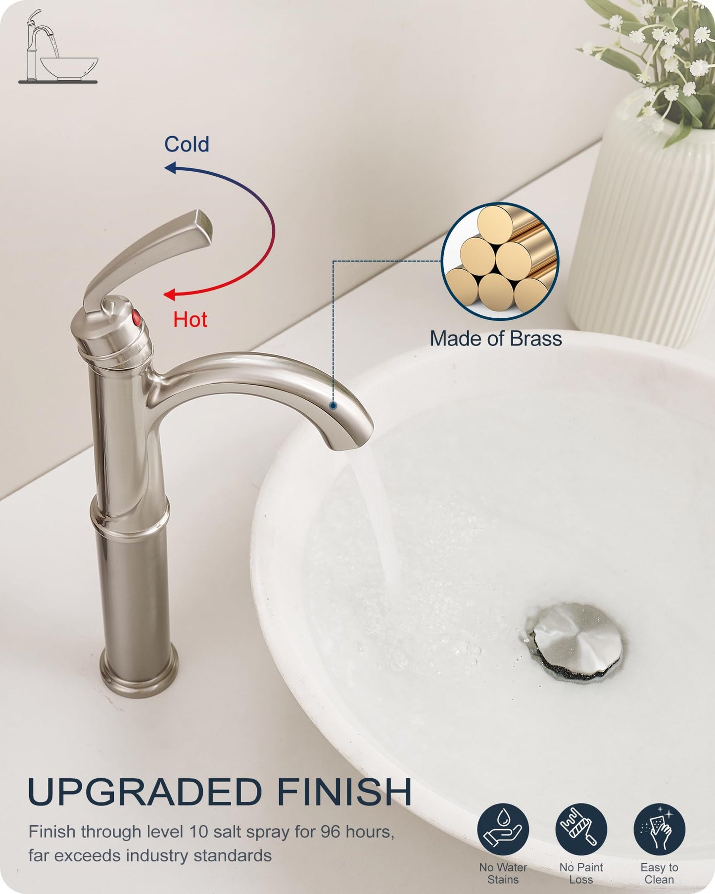 HOIGY Brass Vessel Faucet Brushed Nickel, 1 Hole Tall Faucet for Bathroom Sink with Single Handle, Pop Up Drain & cUPC Water Hoses, Classic Aerator Style for Vessel Sink, 5 Mins Quick Installation