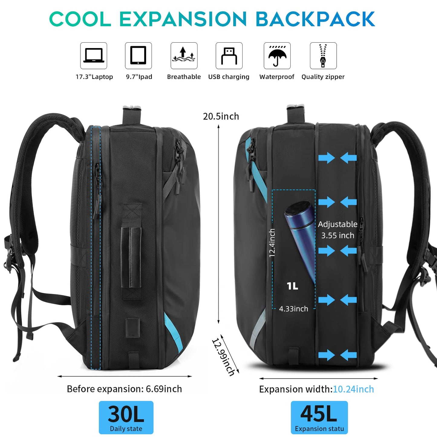 TANGCORLE Travel Carry on Backpack, Extra Large Expandable 45L Backpack for Flight approved, 17.3" Laptop with USB Charging Port Backpacks, Water Resistant Computer Business Backpack for Men & Women