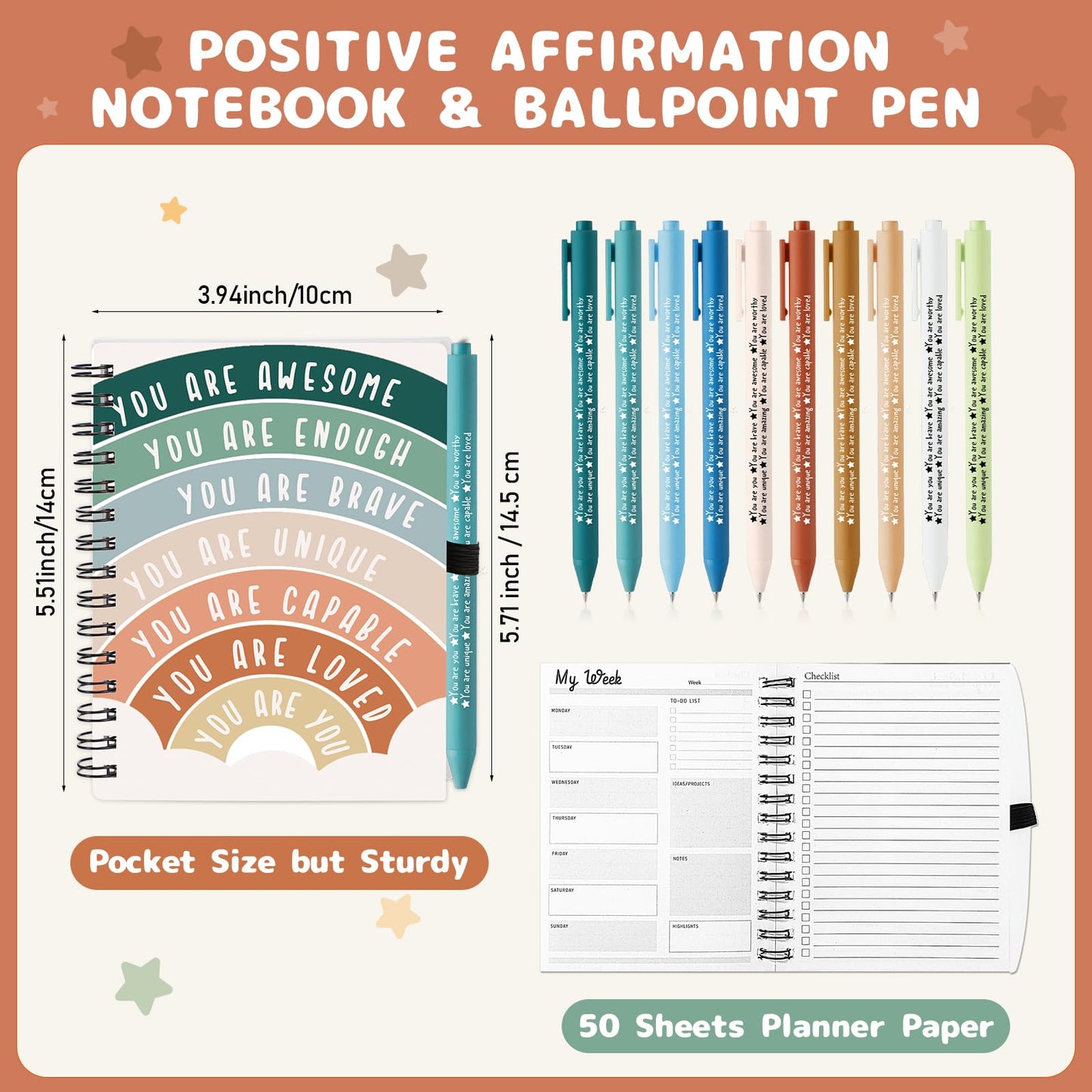Thenshop 60 Pcs Mental Health Awareness Gifts Bulk 30 Self Care Notebook Journals 30 Positive Affirmation Pens for Women Office Staff Nurse Teacher Appreciation Student End of Year Gifts (Rainbow)