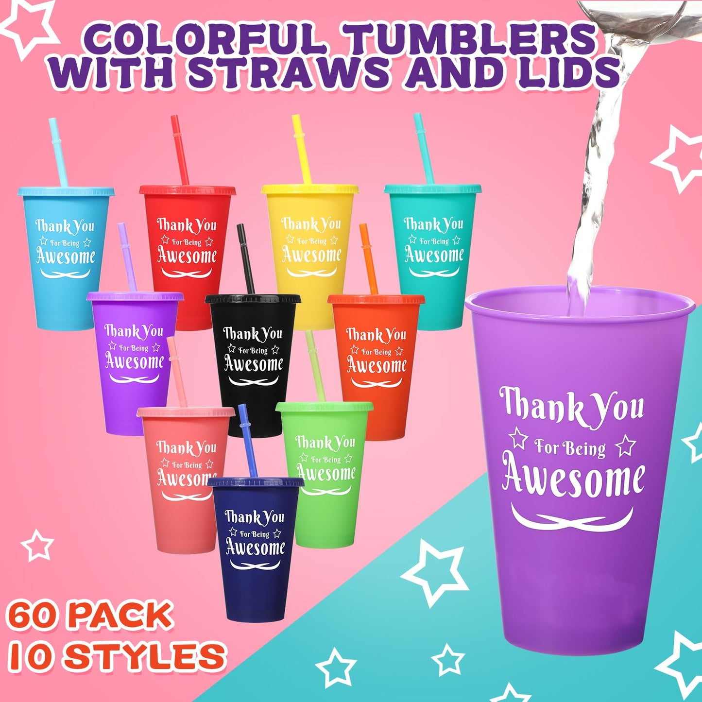 Sunnychicc 60 Pcs Thank You Cups 16 oz Colorful Tumbler with Straw and Lid Thank You Gifts Mug Tumbler Water Bottle Cold Drink Travel Mug for Birthday Party Adults, 10 Colors
