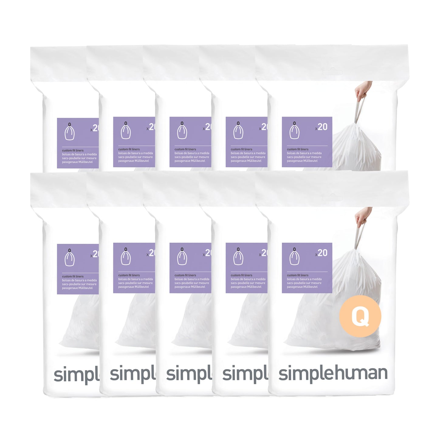 simplehuman Code Q 200 Count Custom Fit Liners, Drawstring Kitchen Trash Bags, One-by-One Mess-Free Dispense, Extra Thick & Double Seamed, 50% PCR Plastic, 50-65 Liter / 13-17 Gallon, White