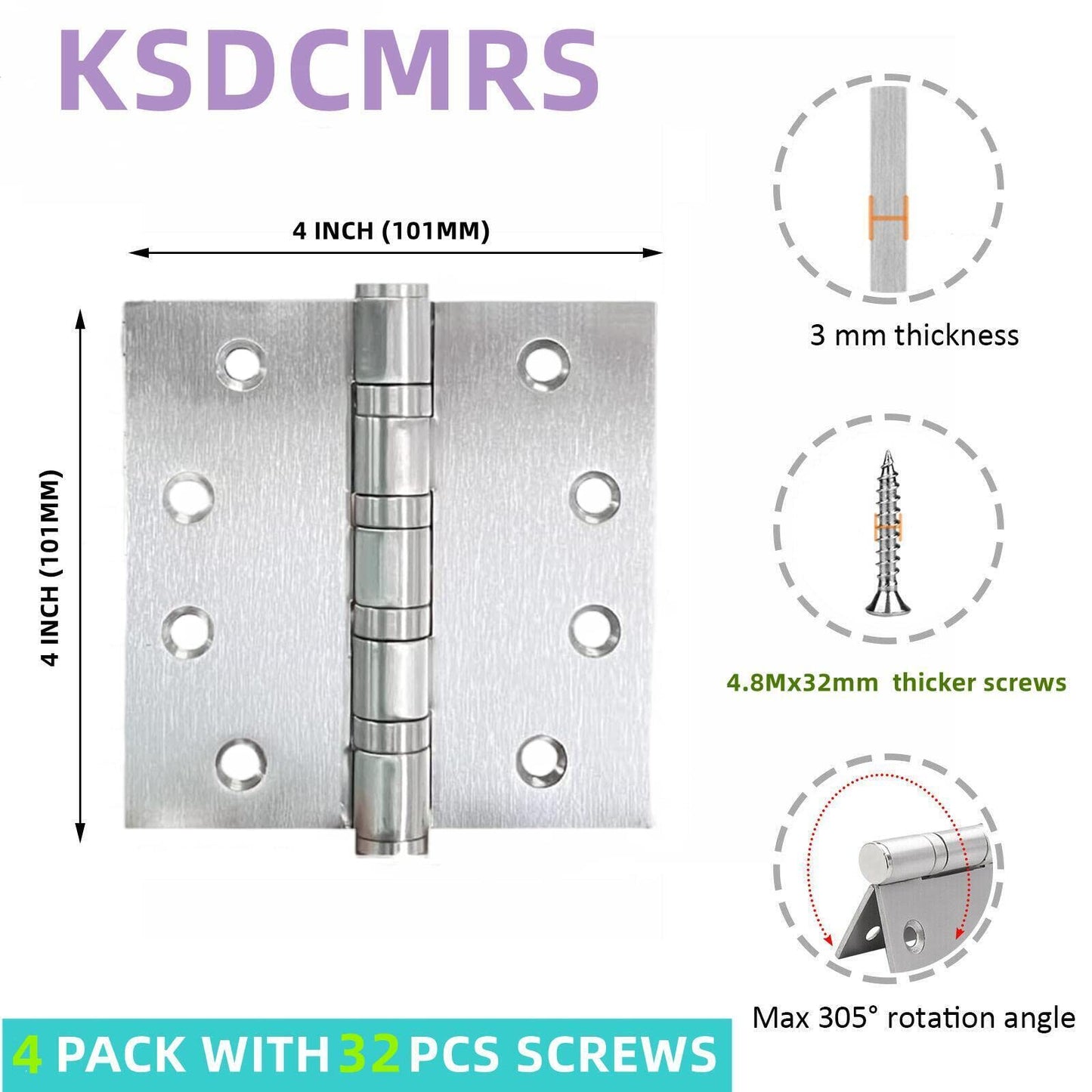 4in Stainless Steel Door Hinges, 4" x 4 inch Heavy Duty SS 304 for Salty Residential Environment Exterior and Interior Doors Security Swing,Non Removable Pin with Square Corner-4 Pack (4, Silver)