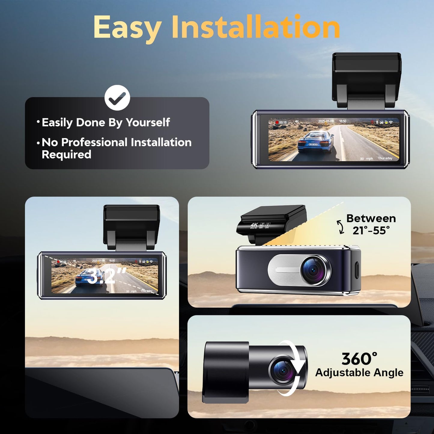 Csyibeielec Dash Cam Front and Rear - 4K HD Dual Dash Camera for Cars, Built-in 5G WiFi GPS, 64GB Card, Dashcam with 3.2" IPS Screen, UHD Night Vision, HDR, App Control, 24H Parking Monitor