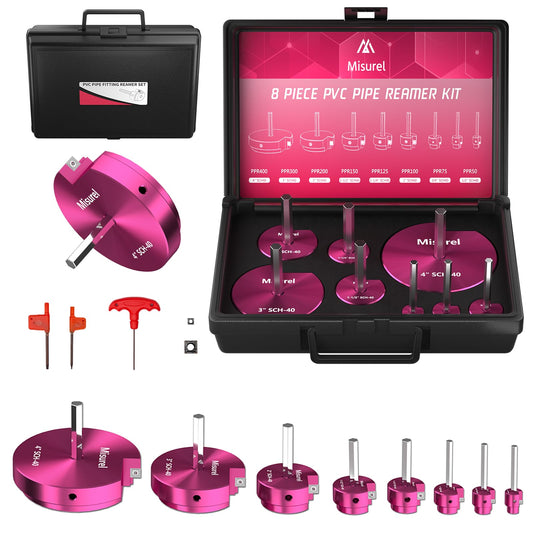 8 Pcs PVC Pipe Reamer Kit With 1/2 inch, 3/4 inch, 1 inch, 1-1/4inch, 1-1/2inch, 2inch, 3inch, 4inch, 2 Carbide Inserts, Aluminum PVC Fitting Saver, Plumbing tools for SCH40