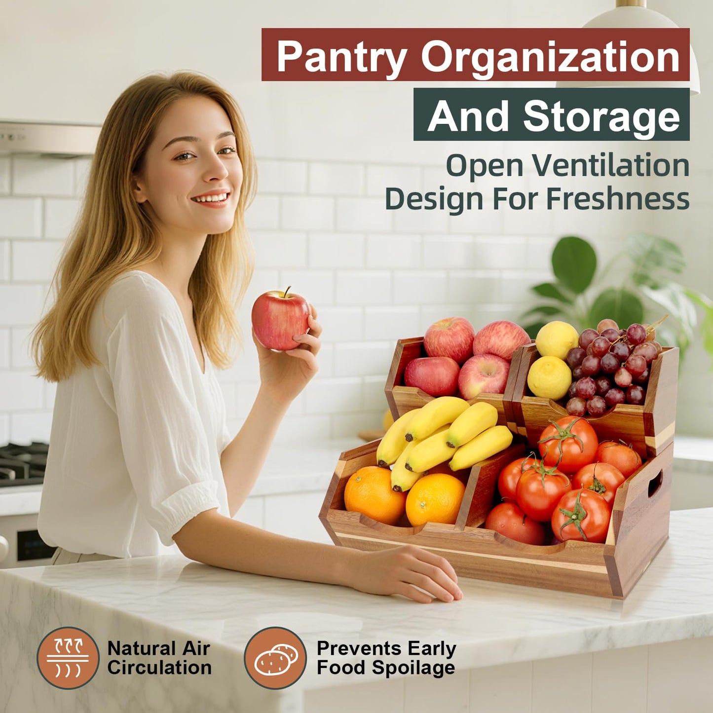 Happilif Acacia Wood Pantry Storage Bins, Stackable Potato and Onion Storage Bins for Kitchen Countertop, Set of 3 Wooden Pantry Organizer Baskets for Fruit, Vegetable, Snack