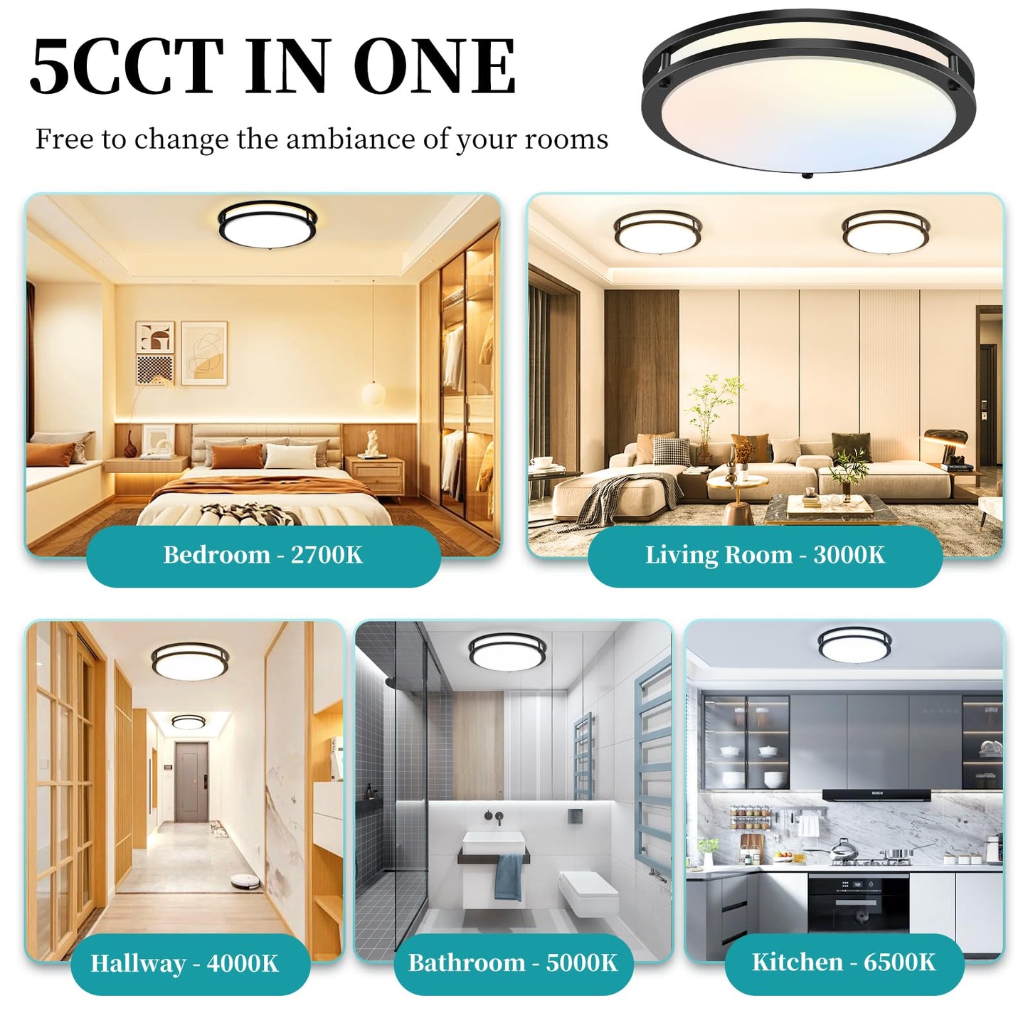 16Inch LED Ceiling Light Fixtures, Flush Mount Light Fixtures 50W, 5CCT Adjustable 2700K 3000K 4000K 5000K 6500K, Close to Ceiling Light for Kitchen Hallway Bathroom Kitchen Bedroom Black 2 Packs