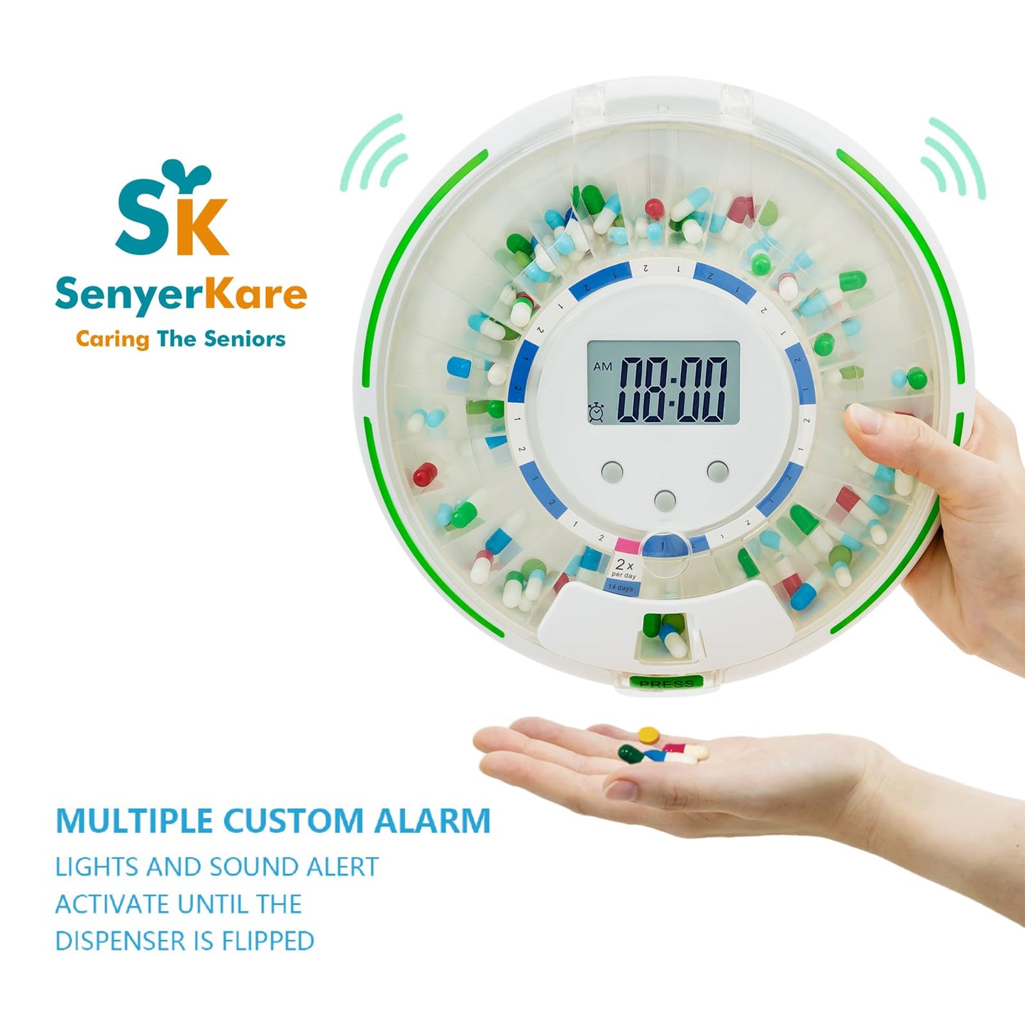 SenyerKare Automatic Pill Dispenser with Safety Lock, Flashing Light, Sound, Alarm, 28-Day Electronic Medication Dispenser for Vitamins and Tablets Up 6 Times/Day, Easy Read Display, Clear Lid