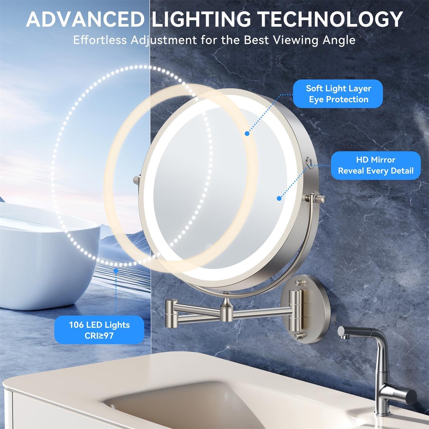 5000mAh Rechargeable Wall Mounted Lighted Makeup Mirror, 9'' 30X/1X Double-Sided Magnifying Mirror with Light, Bathroom Mirror Touch Dimmable 3 Colors 360° Rotation Extended Arm, Power Adapter