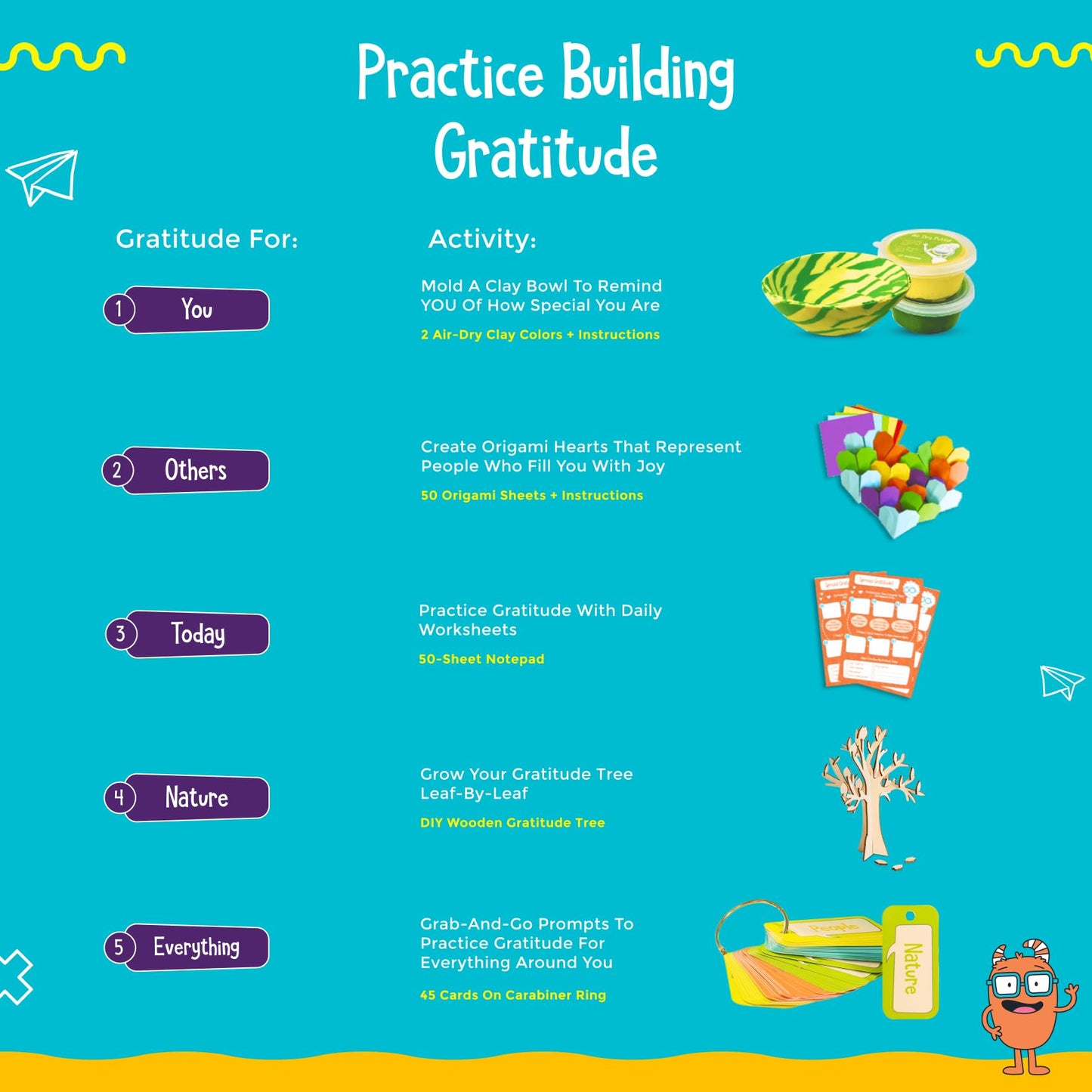 Open The Joy My Gratitude Box, Activity Box Includes A Wooden Building Project, Clay Bowl Project, Origami Projects, Notepad for Journaling, and Gratitude Cards - Ages 4+