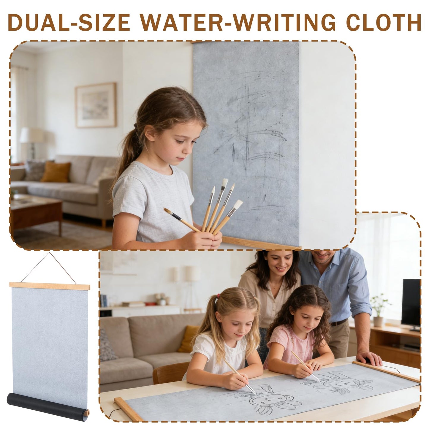 AIHSUMC Kids Magic Water Drawing Poster, Reusable Mess-Free Water Doodle Mat with Teak Wood Frame, 2 Large Water Painting Cloths Included, Educational Art Toy Gift for Toddlers Boys & Girls