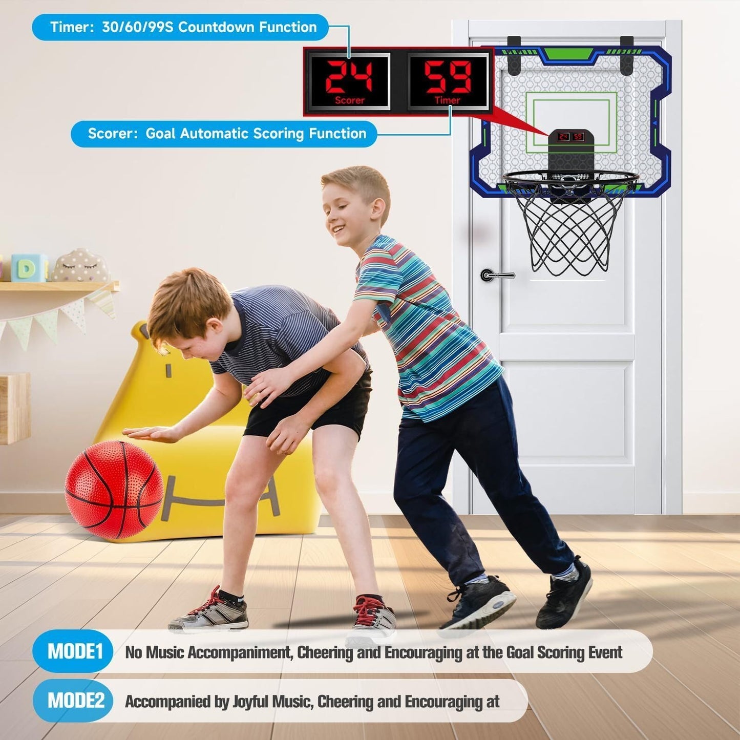 Vignuto Indoor Basketball Hoop for Kids (4-12 Years Old), Over The Door Mini Basketball Hoop with Scoring, Countdown and Music Functions