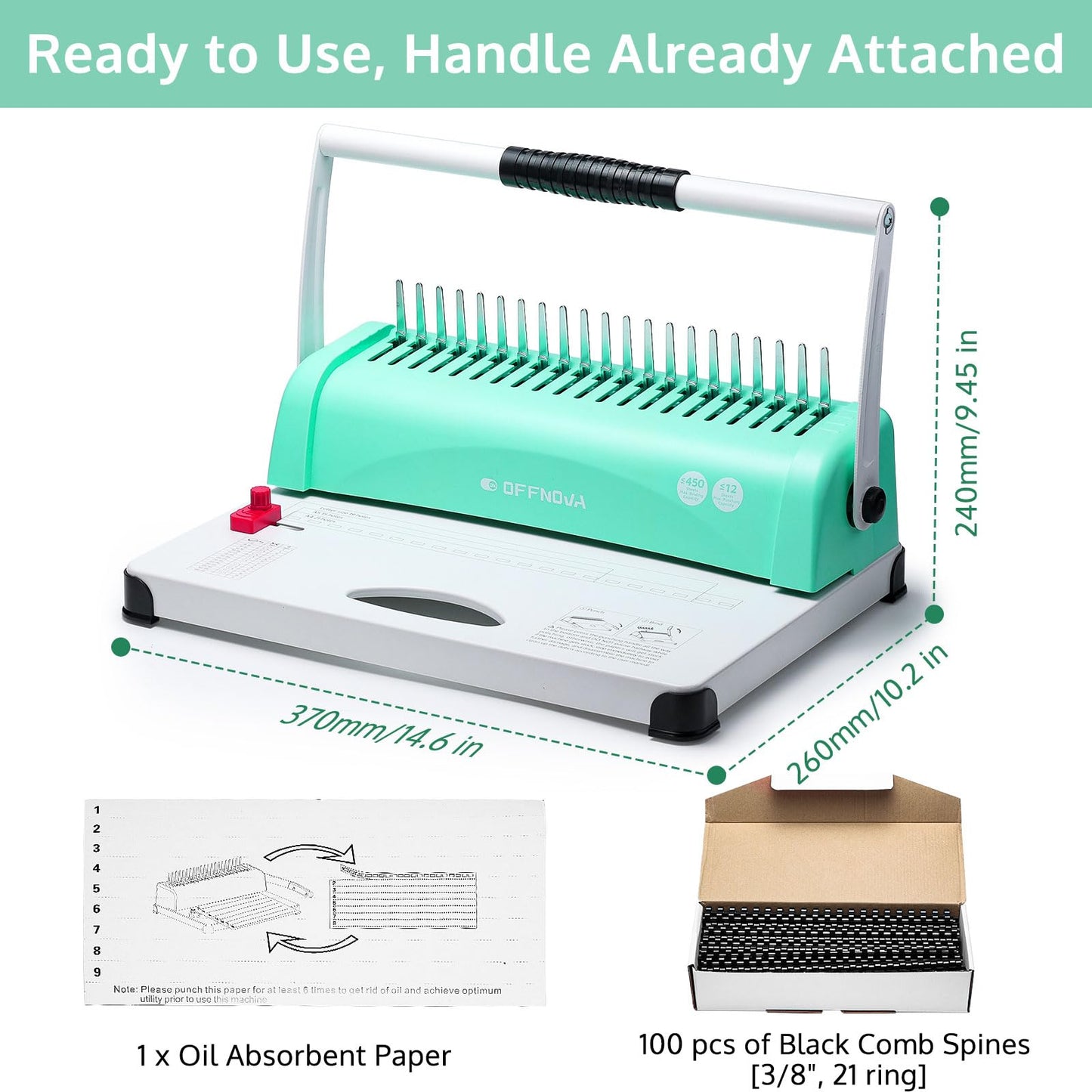 OFFNOVA Binding Machine, 21-Hole 450 Sheets Paper Comb Binding Machine for Letter Size / A4 / A5 Paper, Easy to Punch Handle, Adjustable Margin, Book Binder with 100 PCS 3/8'' Comb Binding Spines