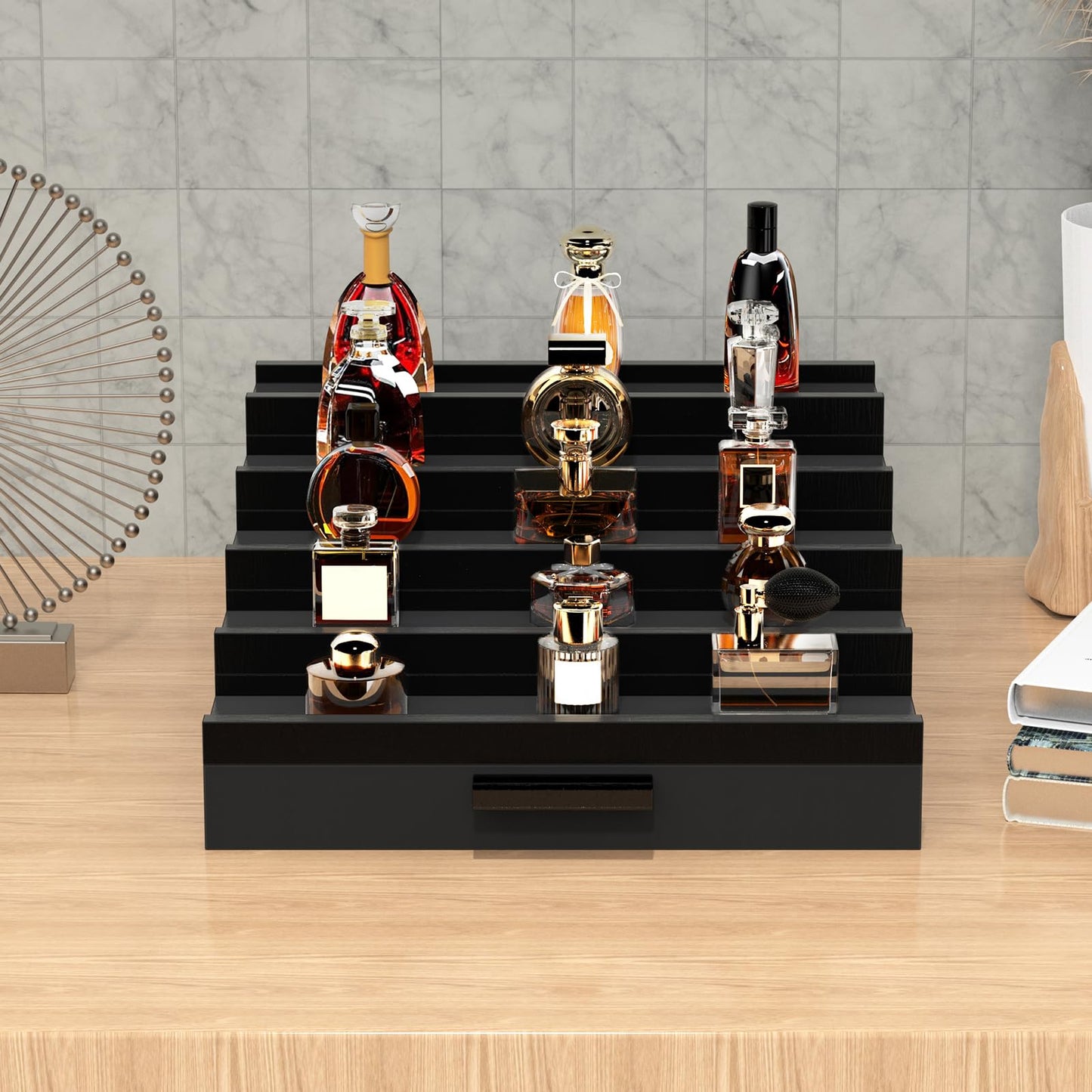 Zaldia Wooden Cologne Organizer for Men 5 Tier of Perfume Display Holder of Drawer & 2 Hidden Compartments Larger Storage Space Mens Perfume Organizer Shelf Stand,Gift for Man (5T-Black)