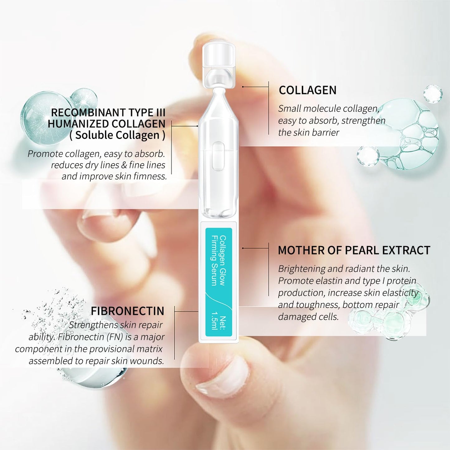 BACHERI Collagen Glow Firming Face Serum Ampoule with Soluble Collagen, for reducing dry & fine lines, brightening & Hydrating Facial Serum with Centella Asiatica Extract, 30 Pcs/Box