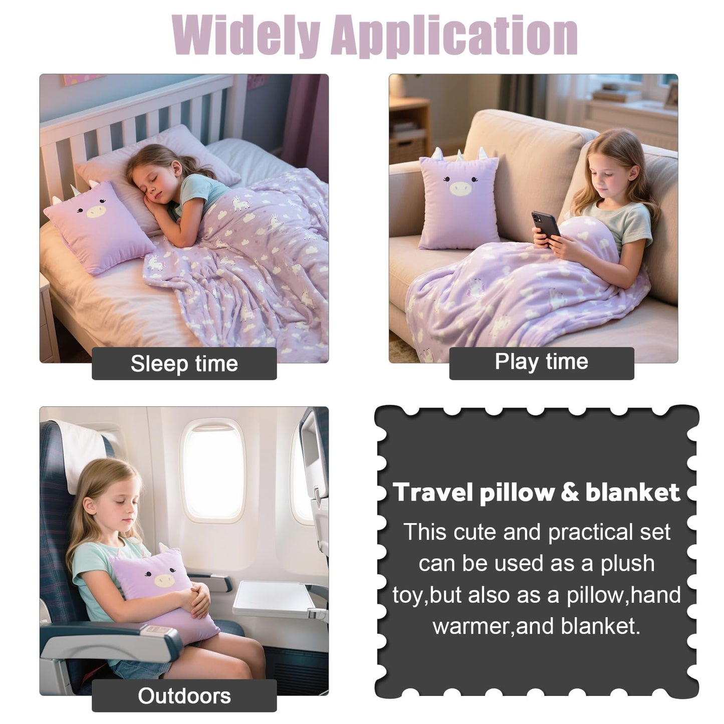 VigorSpring 3-in-1 Kids Travel Pillow and Blanket Set, Snuggle Pillow with Hand Warmer, 40x60 inches Unicorn Blanket for Girls Compact, Perfect for Travel, Camping, Home and Office