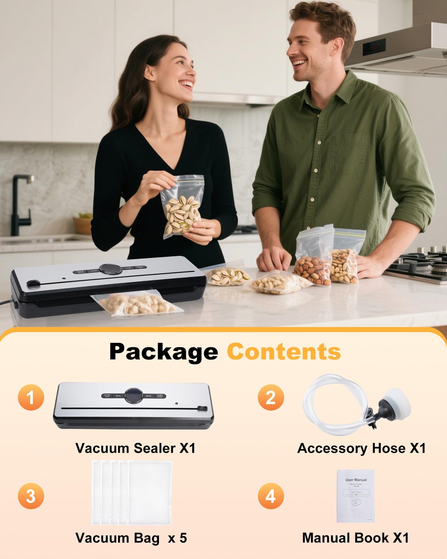 Presoviia Vacuum Sealer Machine 135W - Auto-Stop Food Sealer with Built-in Cutter, 8-in-1 Smart Modes, 5 Vacuum Bags Included, Compact Food Saver for Meal Prep, Sous Vide, Bulk Storage