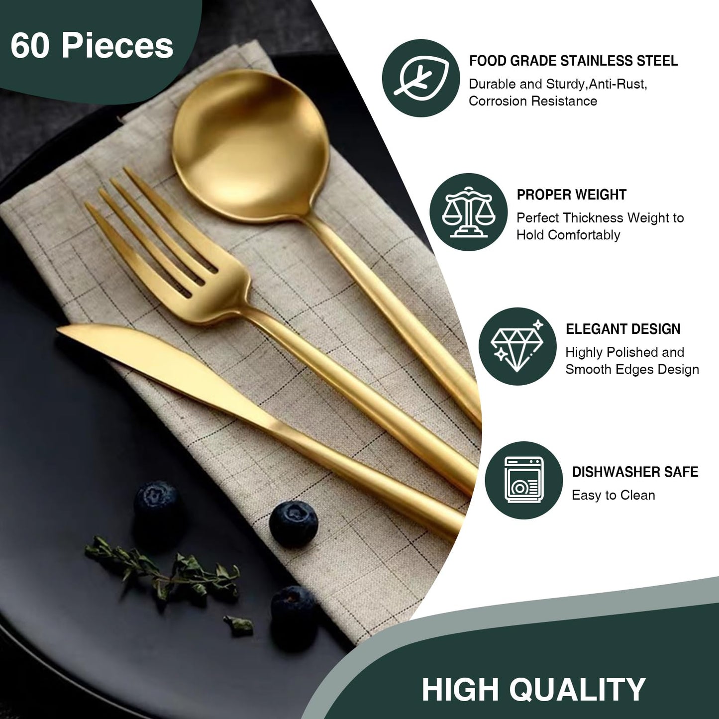 60 Pieces Stainless Steel Silverware Set, Flatware Cutlery Set Service for 12, Tableware Cutlery Set Include Knife Fork Spoon Set, Utensils for Home, Restaurant, Hotel, Dishwasher Safe (Gold)