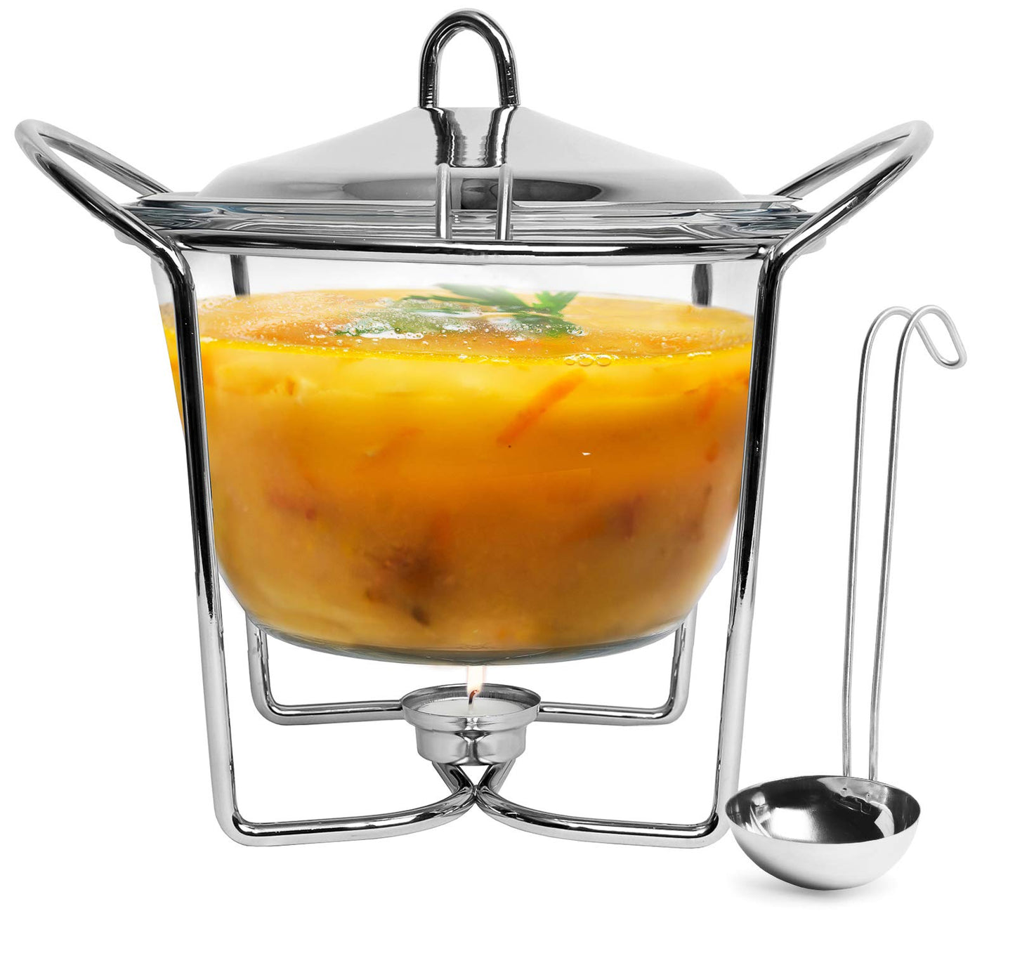 4 Quart Soup Warmer | Soup Tureen for Parties Buffet, Stainless Steel Soup Chafer with Glass Serving Dish and Ladle