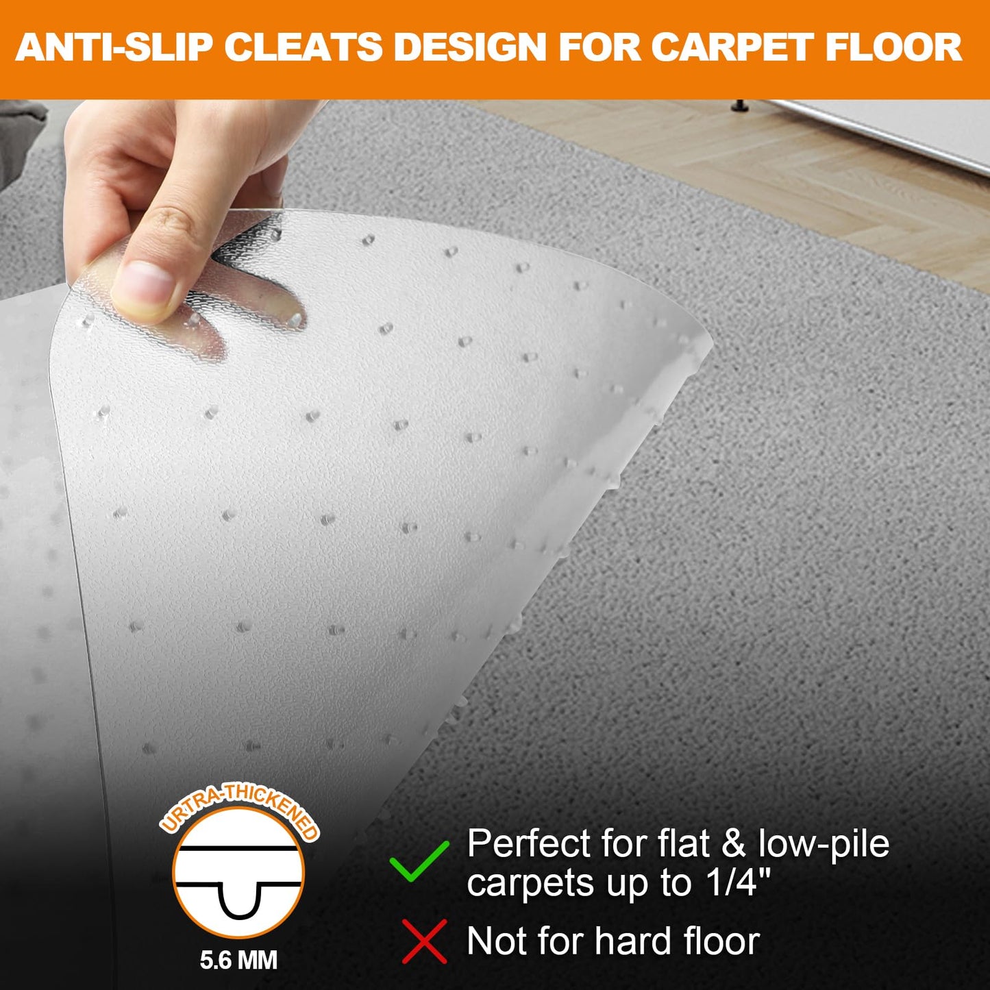 Chair Mat for Carpet- Low Pile (1/4" Thick) Carpet Protector for Office Gaming Computer Desk Chair. Heavy Duty Desk Chair Mat for Carpeted Floors, Semi Transparent (with Lip (Thickened)