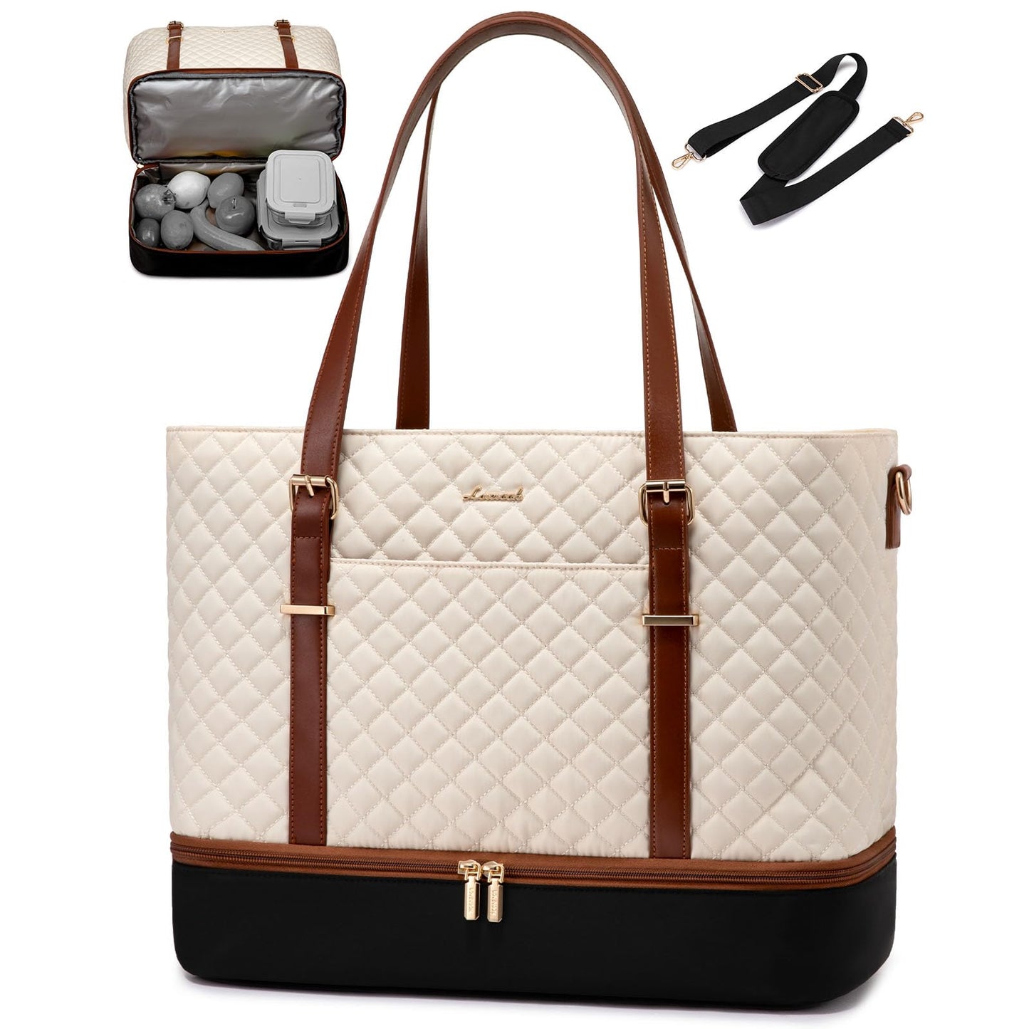 LOVEVOOK Lunch Tote Bag for Women, 15.6 Inch Laptop Work Bag With Lunch Compartment & Large Cup Holder, Lightweight Work Briefcase for Travel, Bussiness, Teacher