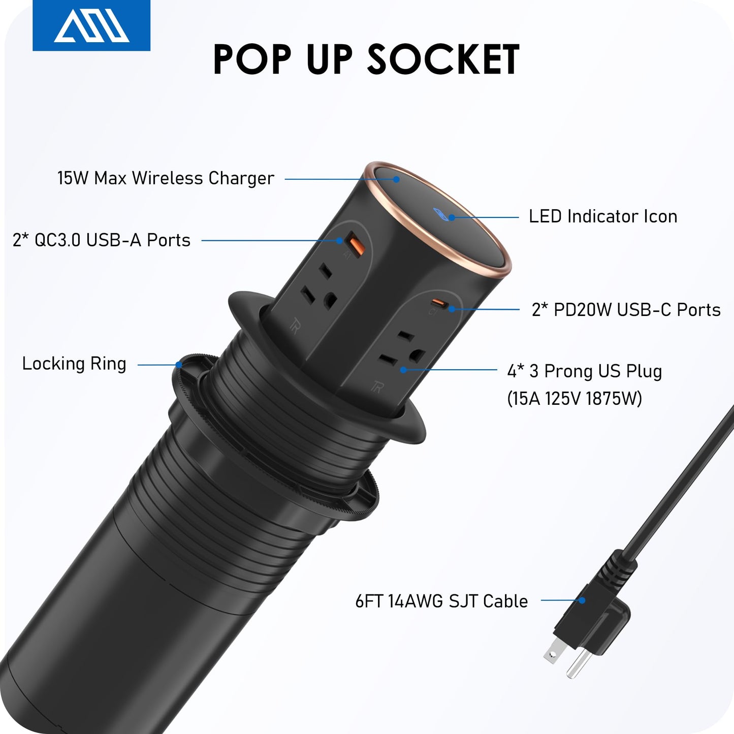 ANNQUAN Motorized Pop Up Countertop Receptacle with 15W Wireless Charger,Max 20W Power Delivery,3.15" Automatic Pop Up Electrical Outlet with 4 Outlets 4 USB Ports for Home Office Kitchen