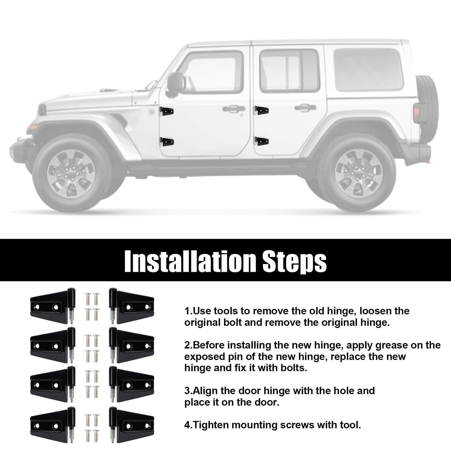 4 Door Hinge Assembly Kits for Jeep Wrangler JK JKU 2007-2018 Unlimited Rubicon Sahara, Inner & Outer Door Hinge Sets Aluminum 16PCS with 32 Screws