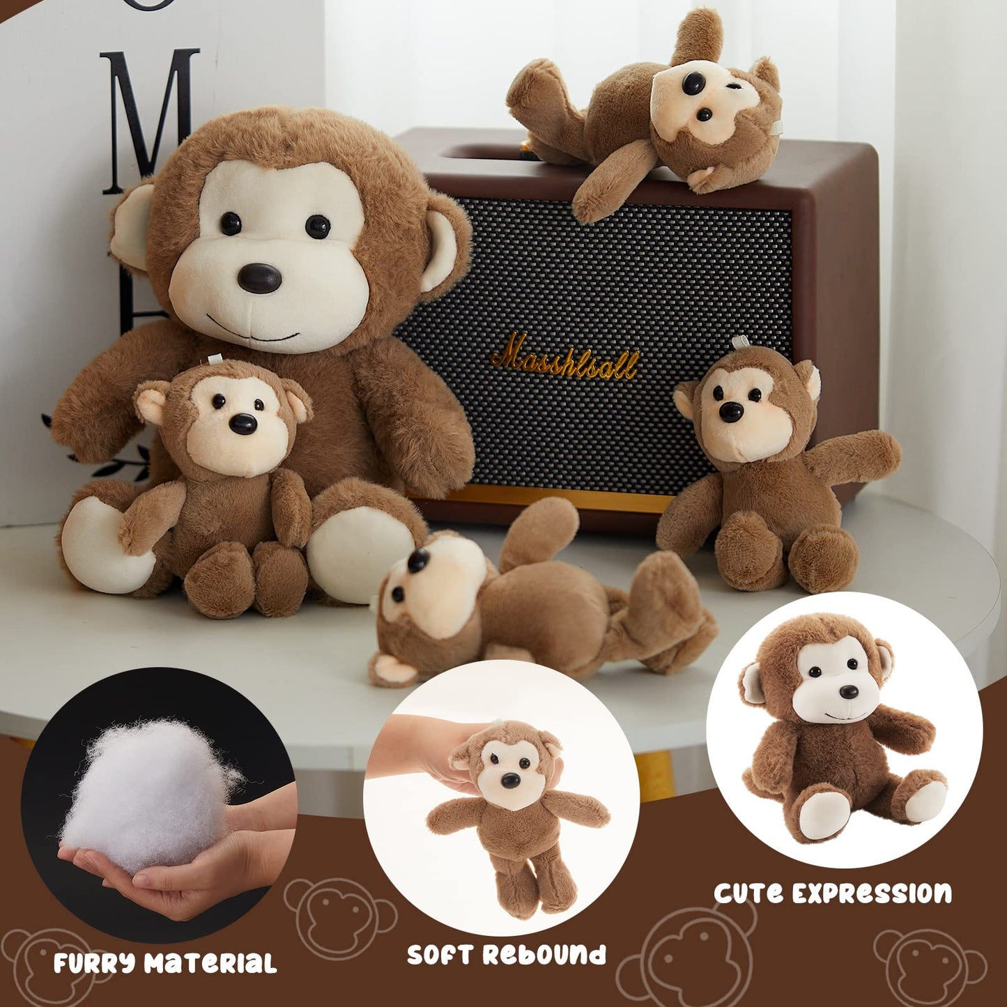 Lewtemi 5 Pack Big Monkey Plush Toy with 4 Cute Monkeys Plush Toy for Boys Girls Birthday Gifts
