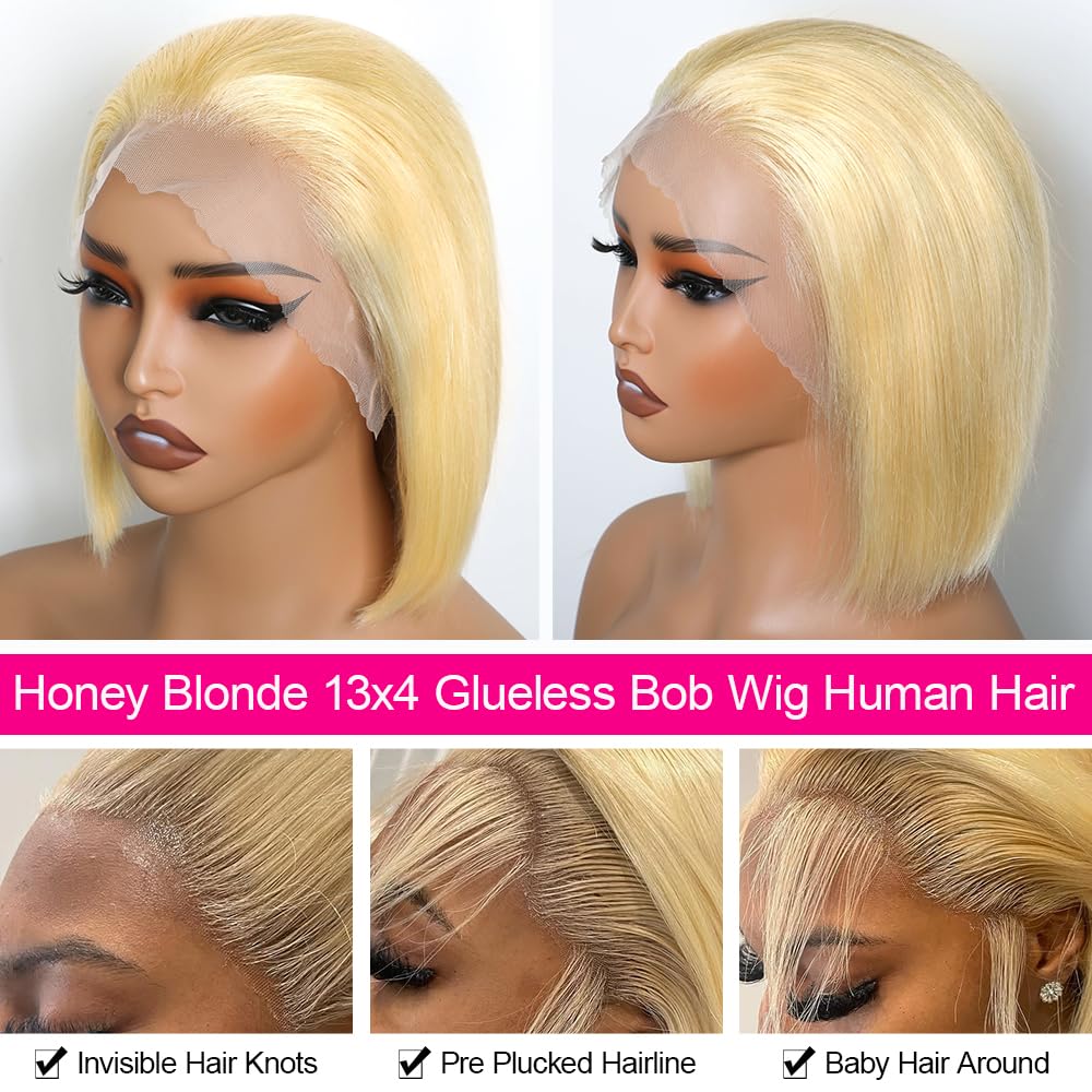 Honey Blonde 613 Lace Bob Wig Human Hair 180% Density 13x4 Transparent Lace Frontal Human Hair Wigs For Women Pre Plucked With Baby Hair 10A Brazilian Remy Human Hair Glueless Lace Bob Wigs - 10 Inch