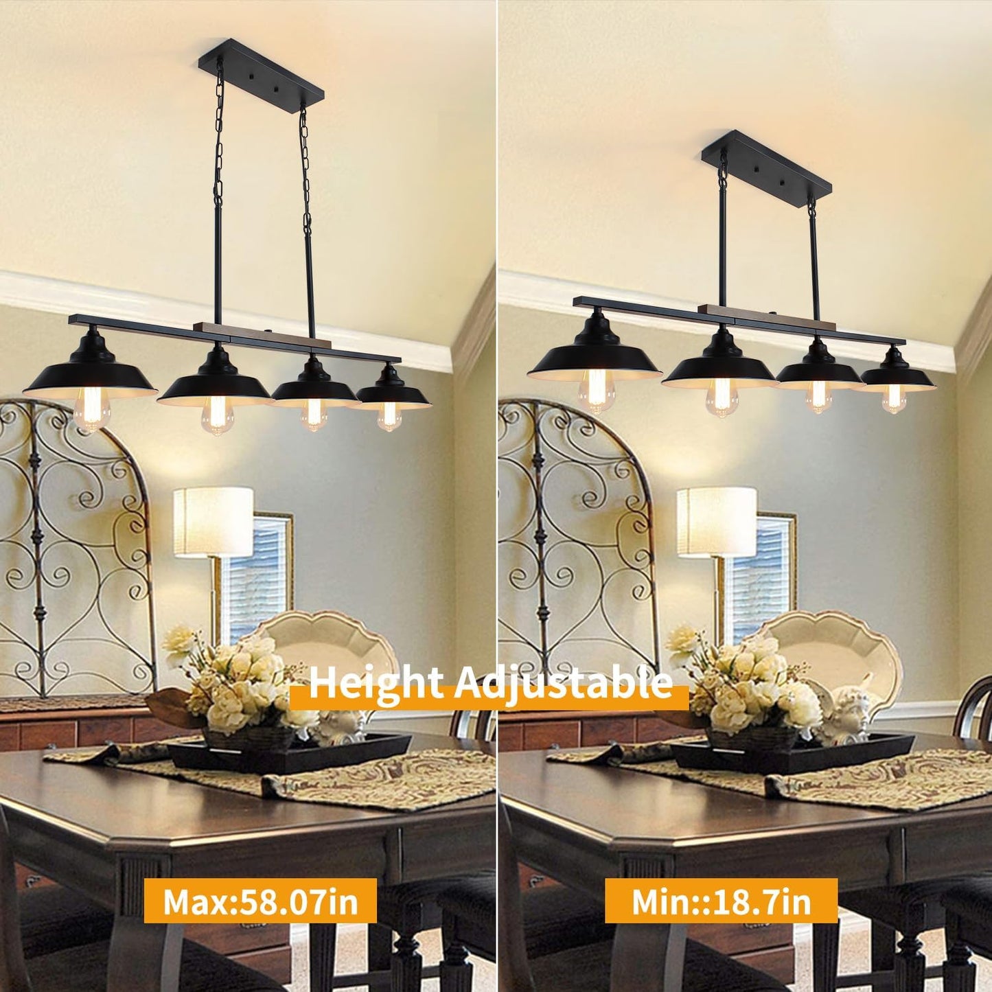 PUZHI HOME Kitchen Island Light, 4 Lights Black Pendant Dining Room Light Fixture Farmhouse Chandeliers for Dining Room Over Table Metal Hanging Lamp for Kitchen Island Hallway Pool Table