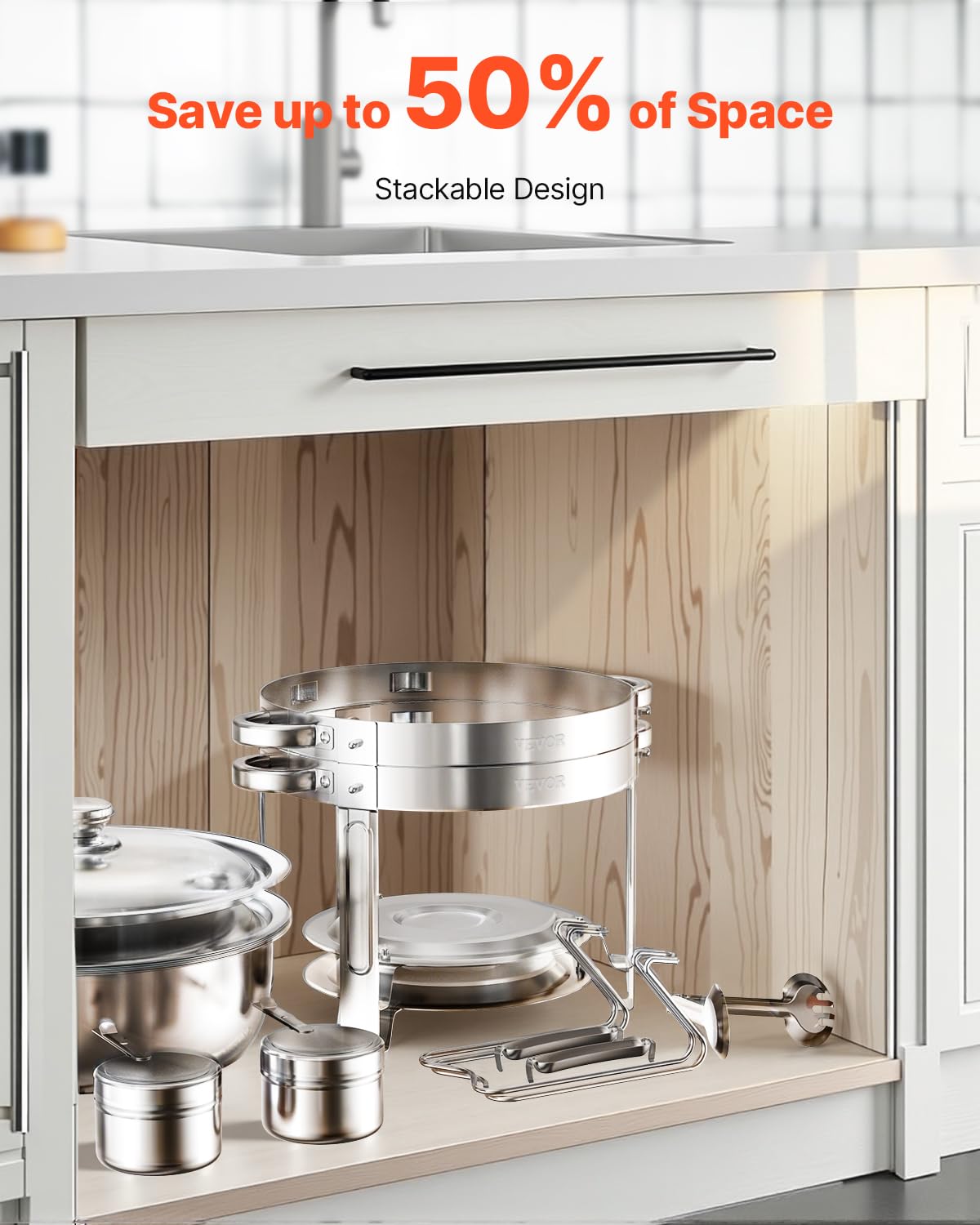 VEVOR Chafing Dish Buffet Set, 5 Qt 2 Pack, Stainless Steel Chafer with 2 Full Size Pans, Round Catering Warmer Server with Lid Water Pan Folding Stand Clip, for Weddings Parties Banquets, Silver