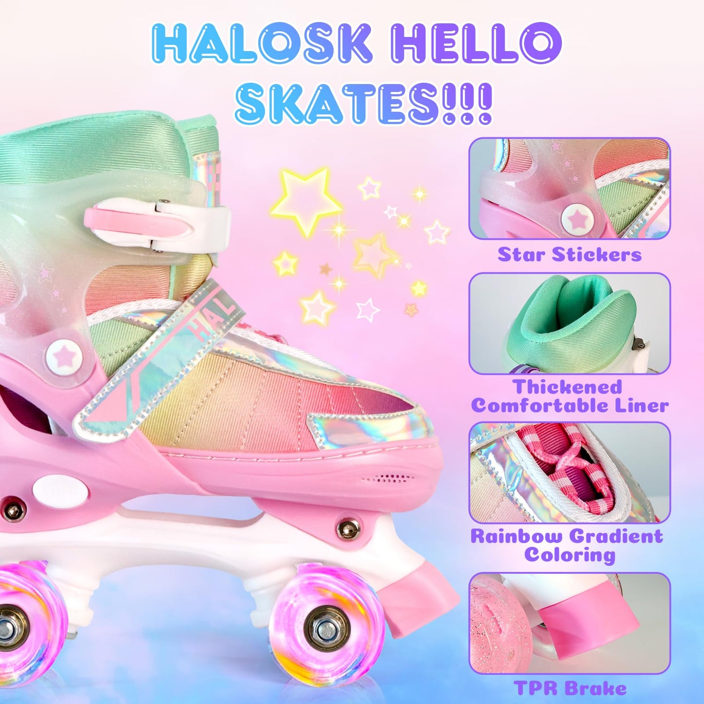 HALOSK Girls Roller Skates for Kids Beginners Ages 6-12, Pink Rainbow Adjustable Quad Rollerskates for Youth with All Light up Wheels Skating Shoes for Outdoor Sports