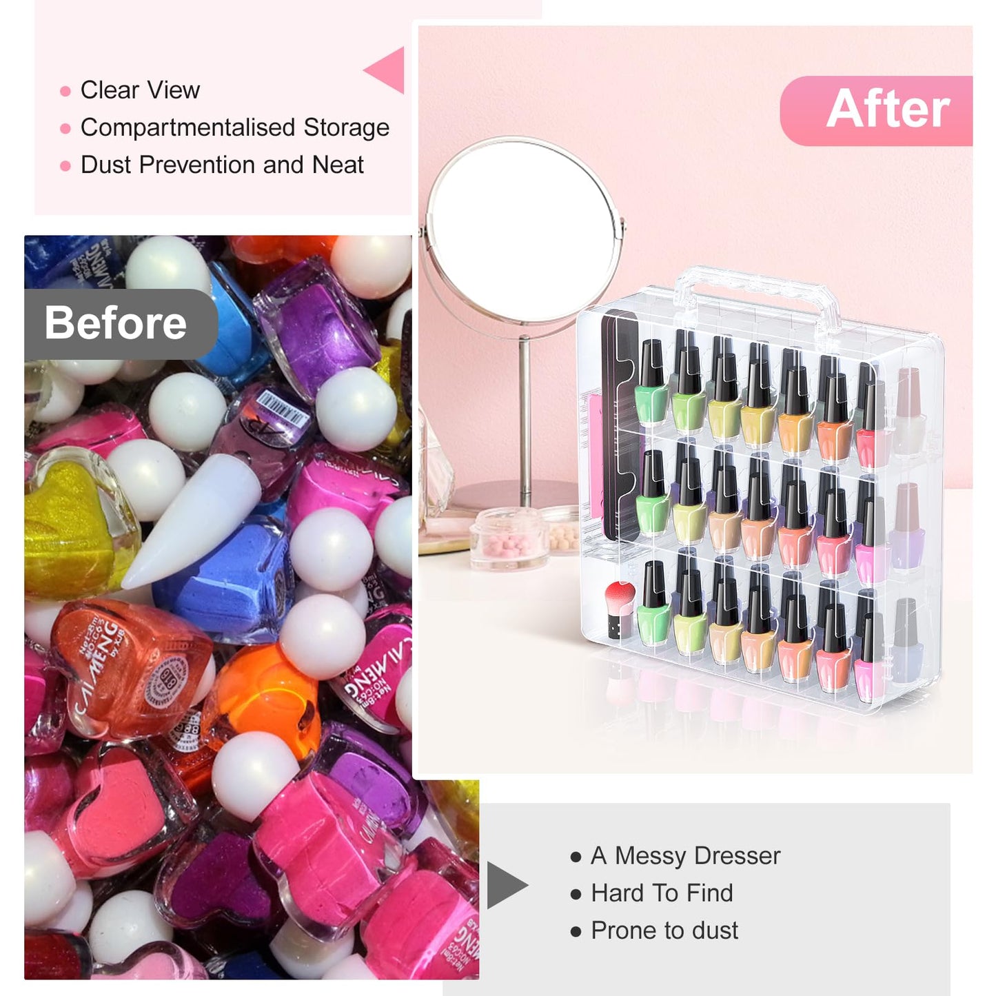 Beloving 2pcs Nail Polish Organizer, Portable 48 Bottles Clear Nail Polish Holder with Adjustable Divider, Gel Nail Polish Storage Double Side Nail Polish Organizer Case for Nail Tech