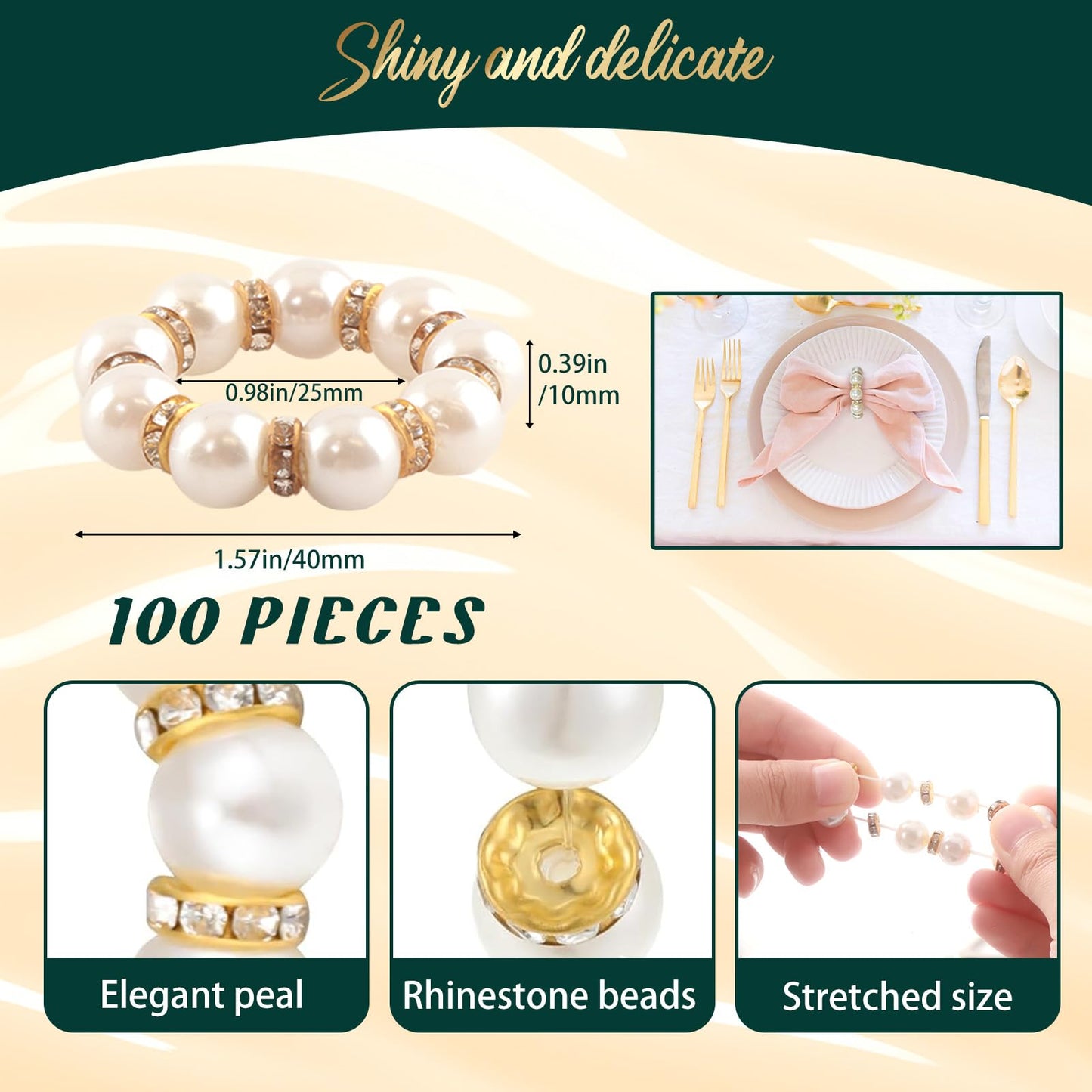 100Pcs Gold Disposable Napkin Rings Imitation Pearl Ring Napkin Holder Delicate White&Gold Beaded Serviette Buckles for Wedding Party Dinner Table Decor and Daily Use