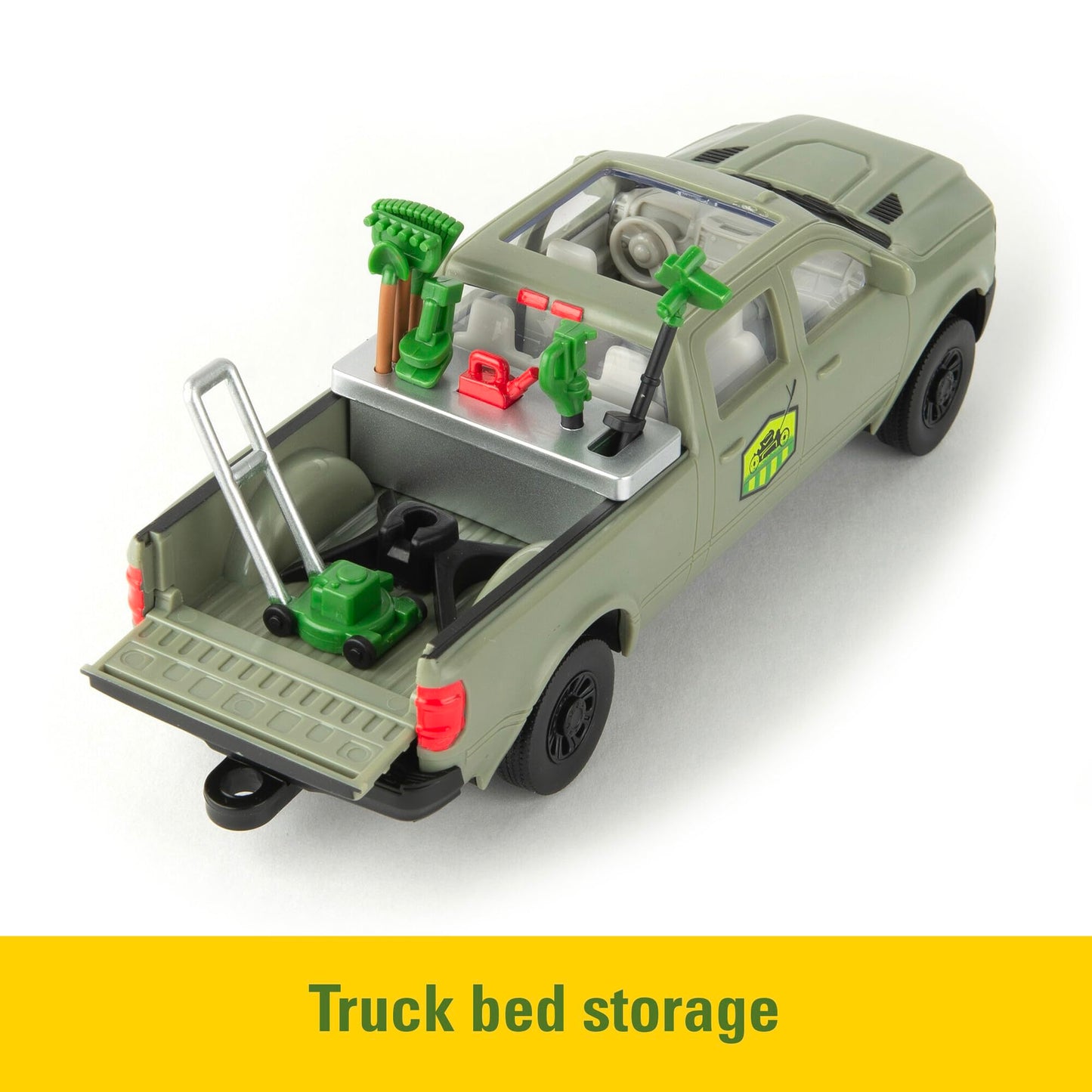 TOMY John Deere Lawn Care Toy Playset - 1:32 Scale - Garden Toys Includes Pick Up Truck Toy, 6 Gardening Tools, Lawn Mowers, and 3 Action Figures - John Deere Toys - 15 Piece - Ages 3 Years and Up
