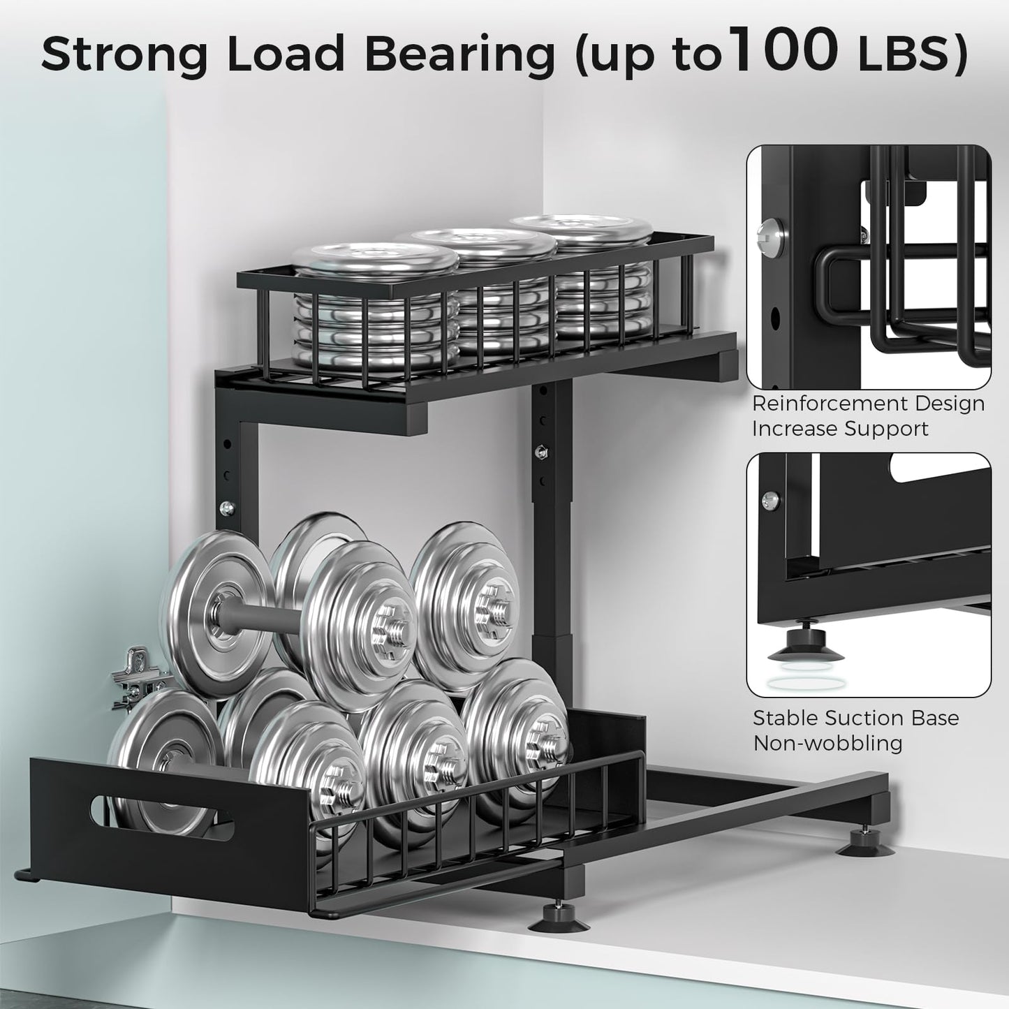 Saydear Under Sink Organizer, 2-Tier Premium Metal Pull-Out Racks with Adjustable Height, Heavy Duty Sliding Bin for Bathroom and Kitchen Cabinet Storage, Rust Resistant 2 Pack Black