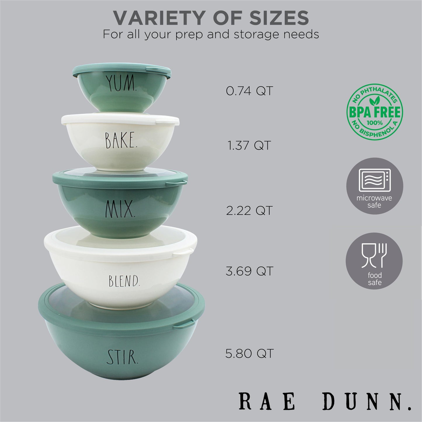 Rae Dunn Mixing Bowls with Lids - 10 Piece Plastic Nesting Bowls Set includes 5 Prep Bowls and 5 Lids (Sage)