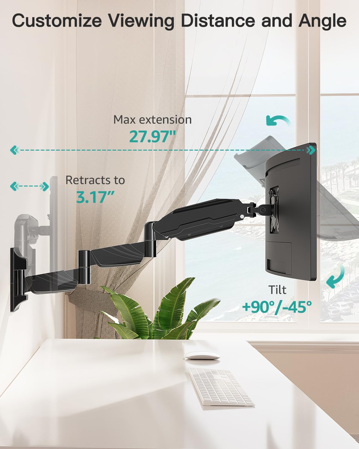 MOUNT PRO Monitor Wall Mount for 13 to 32 inch Computer Screen, Extra Long Adjustable Single Wall Mount Monitor Arm, Full Motion Vesa Wall Bracket 100x100, Hold up to 17.6lbs, Black