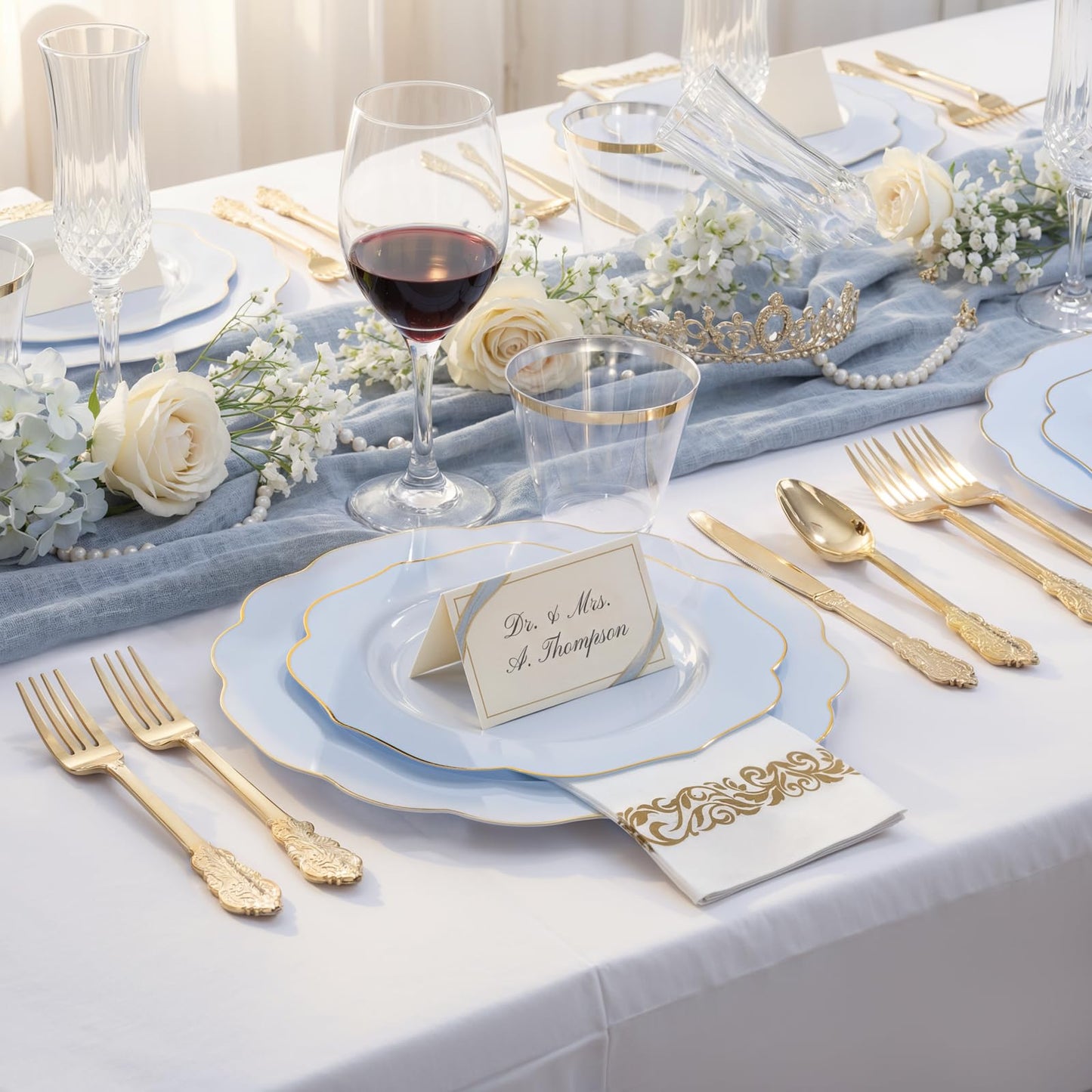NOCCUR 175PCS Blue Plastic Plates with Gold Disposable Silverware - Include 50 Light Blue and Gold Plastic Plates,25 Knives,25 Forks,25 Spoons,25 Cups and 25 Napkins - Baby Shower/Party/Spring/Wedding