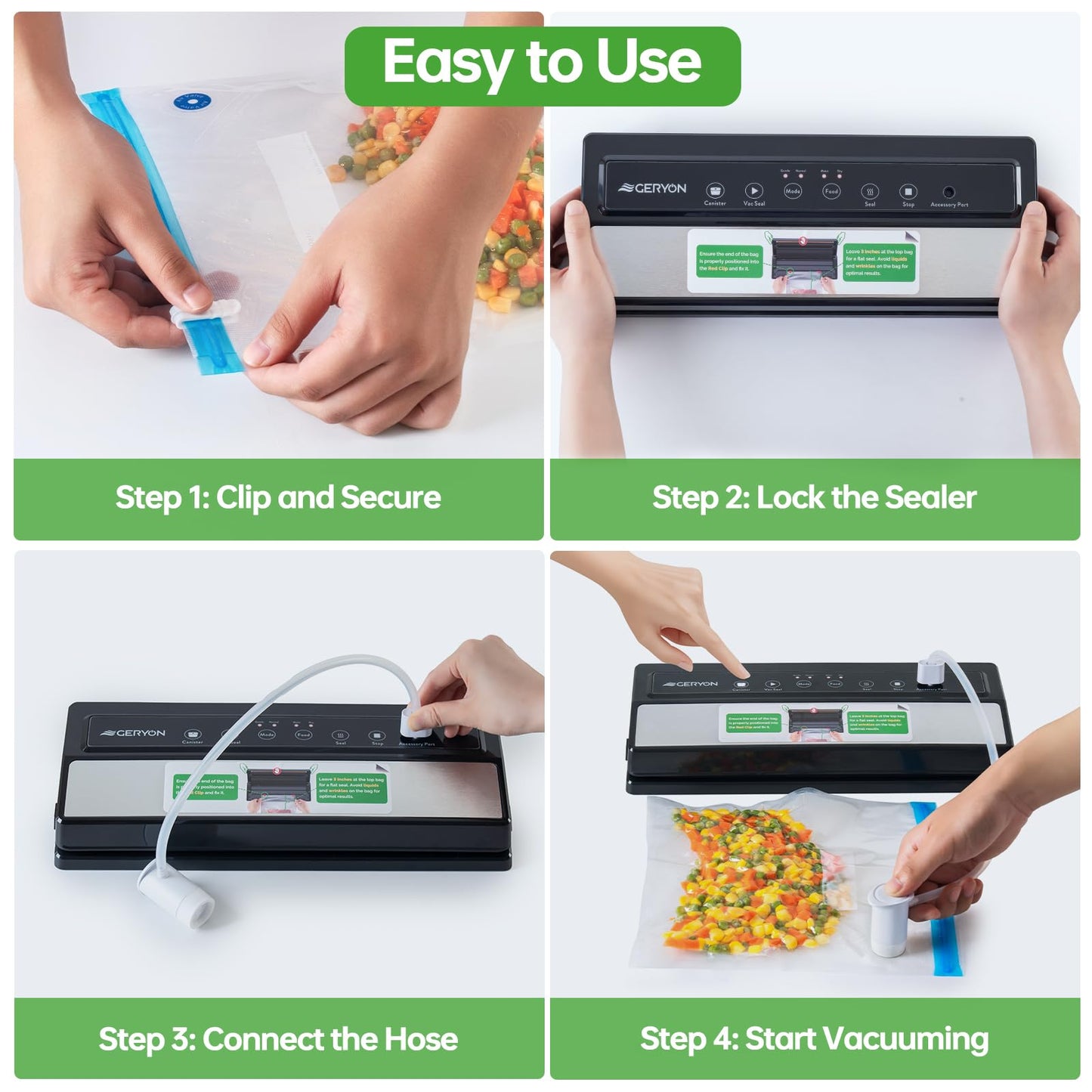 GERYON Vacuum Sealer Machine for Dry & Moist Food, Works with Reusable Vacuum Bags, Compact Design with LED Touch Controls, Includes Reusable Bags & Roll for Sous Vide & Freezer Storage