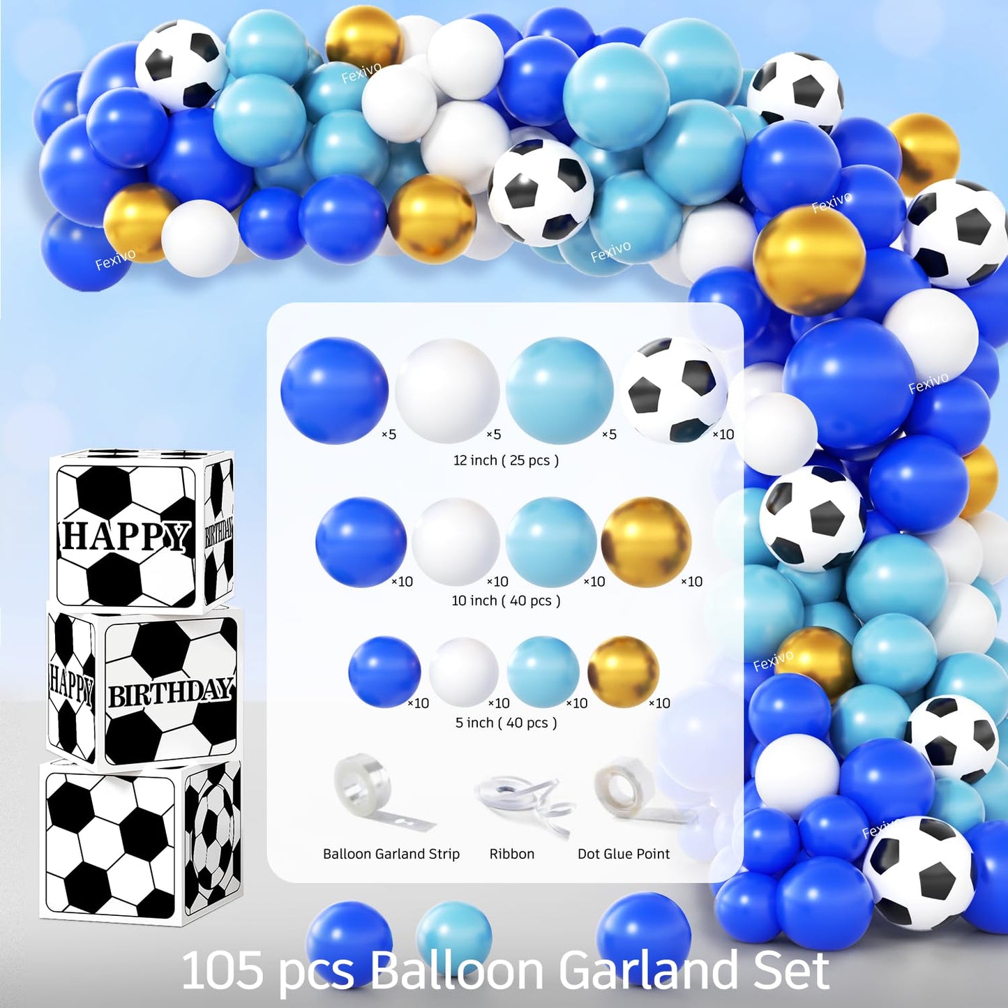 Soccer Birthday Party Decorations, All-in-1 Supplies Pack, Includes Plates and Napkins, Backdrop, Tablecloth, Balloon Kit for Blue Soccer Theme Party Decorations