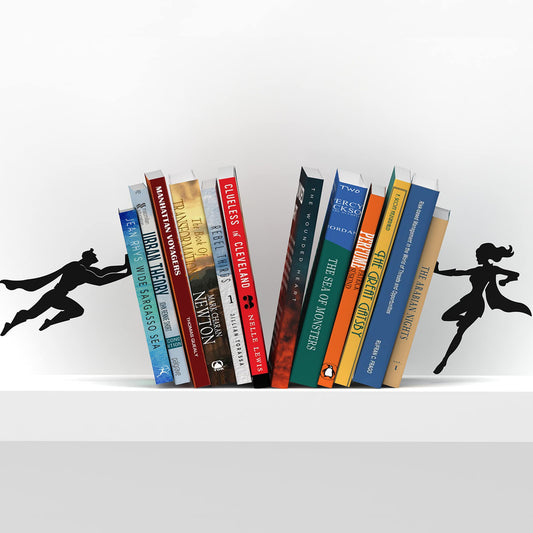 Artori Design Book Ends to Hold Books Heavy Duty Hidden Metal Bookends for Shelves Bookend Book Holder for Home Decorative Gift for Book End Lovers and Home Décor (Supergal+Book&Hero)