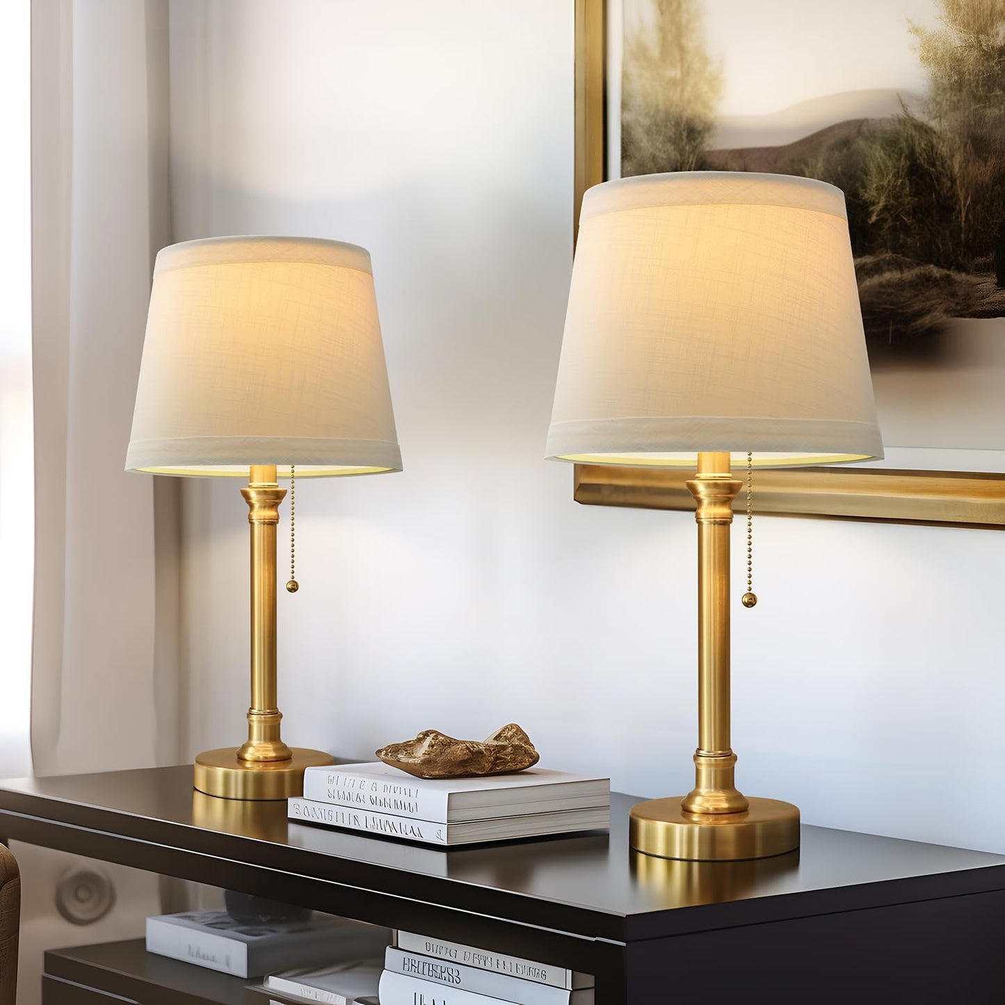 Oneach Modern Gold Brass Table Lamp Set of 2 for Bedroom Living Room 19.5'' Traditional Bedside Desk Nightstand Buffet Candlestick Samll Lamps with White Drum Shade