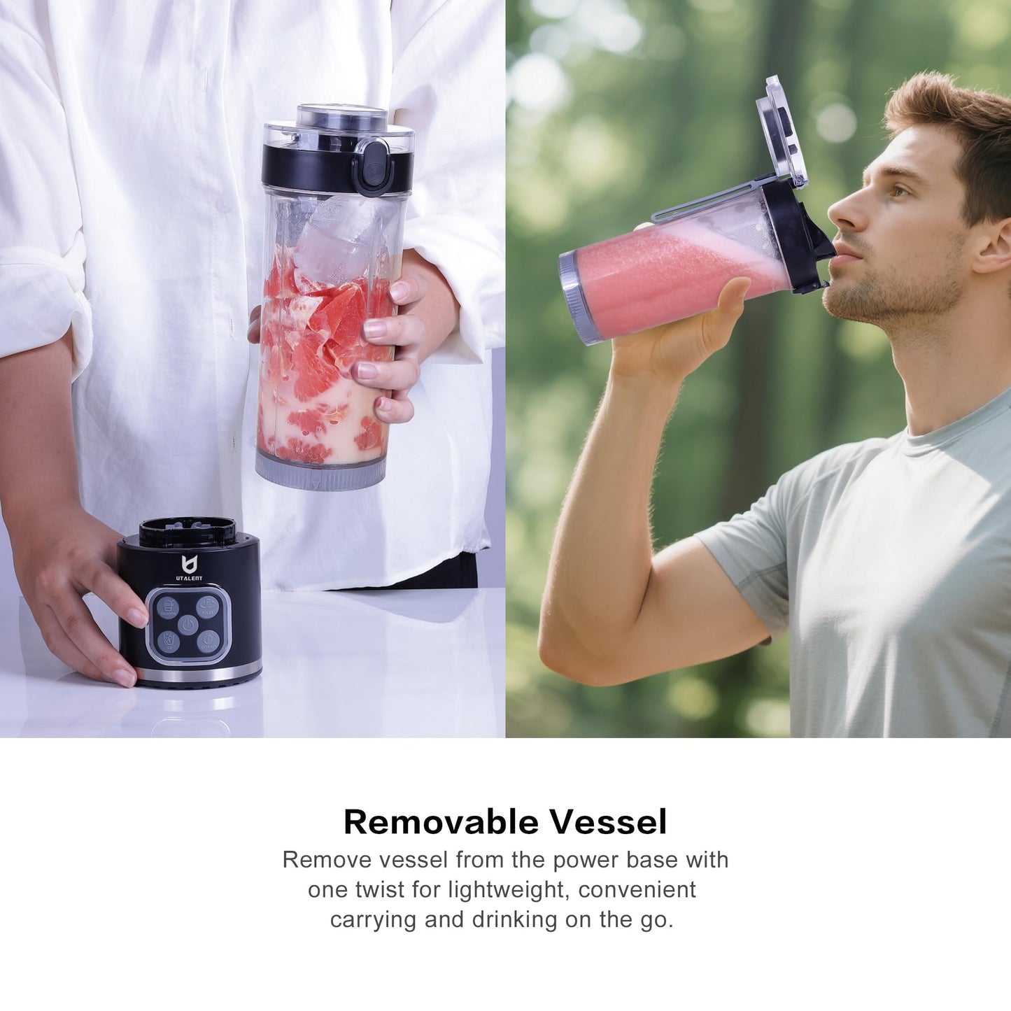 UTALENT Cordless Portable Blender, 25 oz removable Vessel, 700W Personal Blender, For-Smoothies, Ice Crush, 4 Programs, Leakproof-Lid & Sip Spout, USB-C Rechargeable, Dishwasher Safe Parts, Black