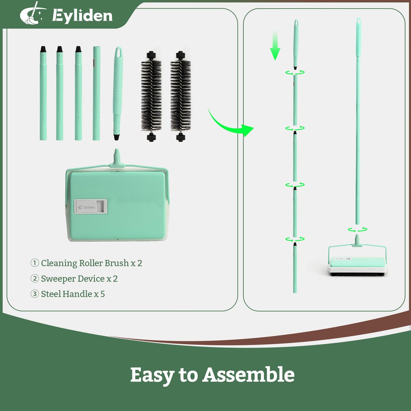 Eyliden X-Large Carpet Sweeper - Quiet Manual Sweeper for Carpets & Rugs | 1 Extra Refill Roller Brush | Non-Electric, Hand Push, Quietly Cleans Debris and Messes, Restaurant Roller Broom (Mint)