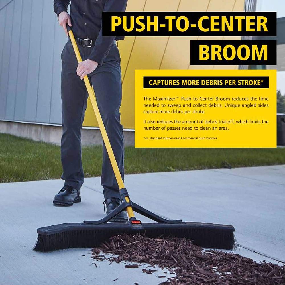 Rubbermaid Commercial Products Maximizer 36" Push to Center Push Broom Polypropylene Fill Black Angled Sides Medium Bristles for Indoor/Outdoor Multi-Surface Use