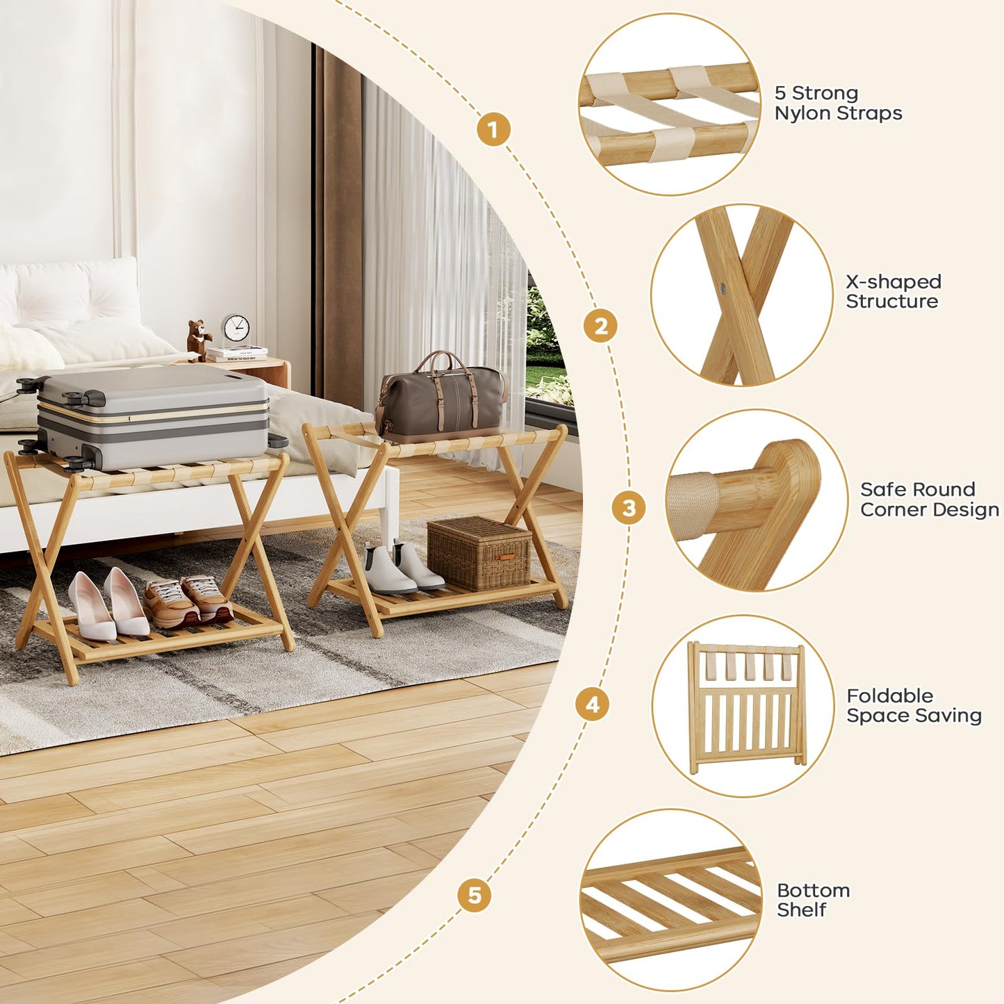 Oakvora Full Assembled 26.77"L Luggage Rack for Guest Room, Set of 1 Foldable Suitcase Stand with 5 Nylon Straps, Luggage Holder with Shoe Shelf for Suitcases, Hotel (Natural Wood Bamboo Luggage Stands)