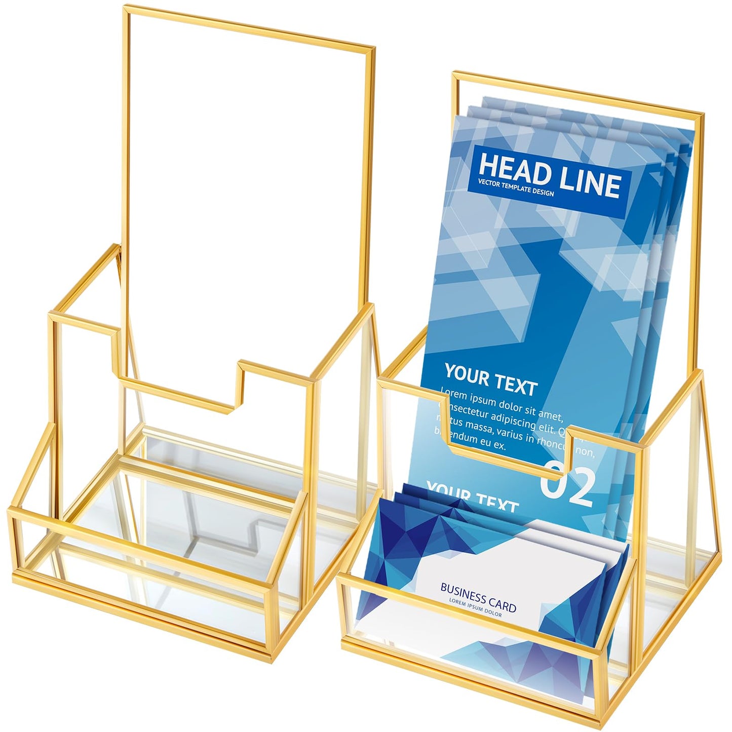 Fuyoooo 2 Pcs 4 Inches Gold Glass Brochure Holder Countertop Literature Trifold Pamphlet Stand with Business Name Card Holder Flyer Brochure Display for Magazine, Booklets, Menu, Journals Display