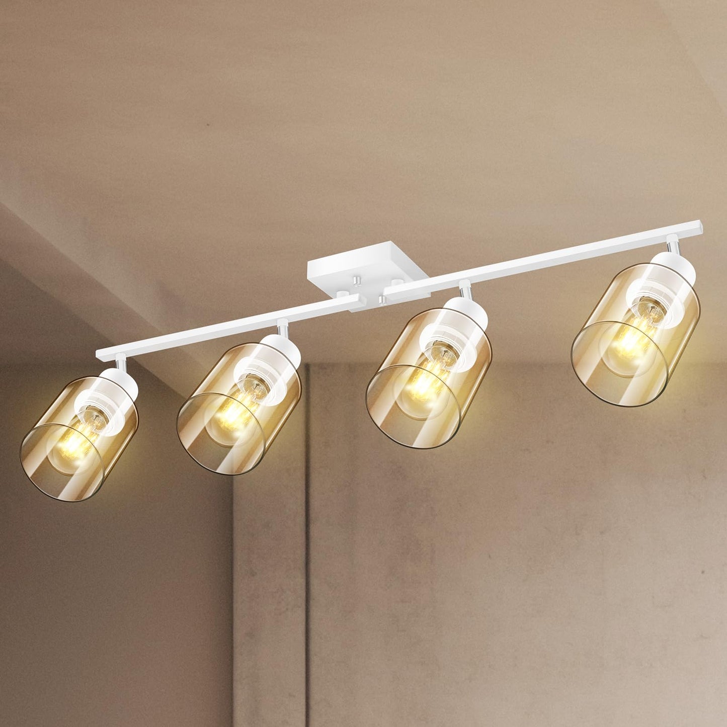 Track Lighting, LED Track Light Fixtures Ceiling Kitchen, 30" 4 Way Ceiling Lights with Clear Glass Shade, Wall Light Fixture with Rotatable Head, White Home Decor for Bathroom Vanity(E26, NO Bulb)