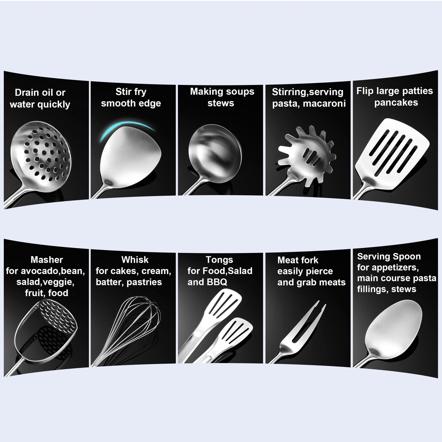 NIITAWH Stainless Steel Kitchen Utensils 12 Pcs, Small Cooking Utensils Set,Spatulas,Ladle,Skimmer,Tunners,Serving Spoon,Spaghetti Spoon,Fork,Potato Masher,Egg Whisk,Tongs,Dishwasher Safe
